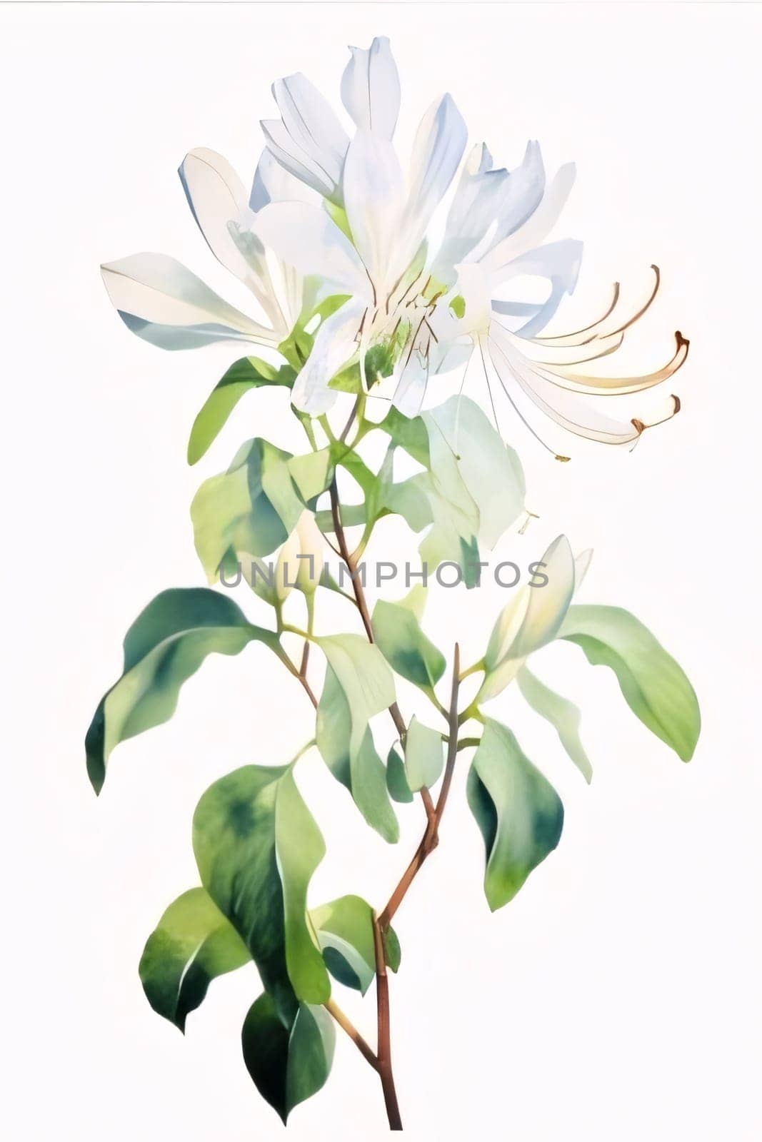 Drawn, painted white lily flower on isolated white background. Flowering flowers, a symbol of spring, new life. by ThemesS