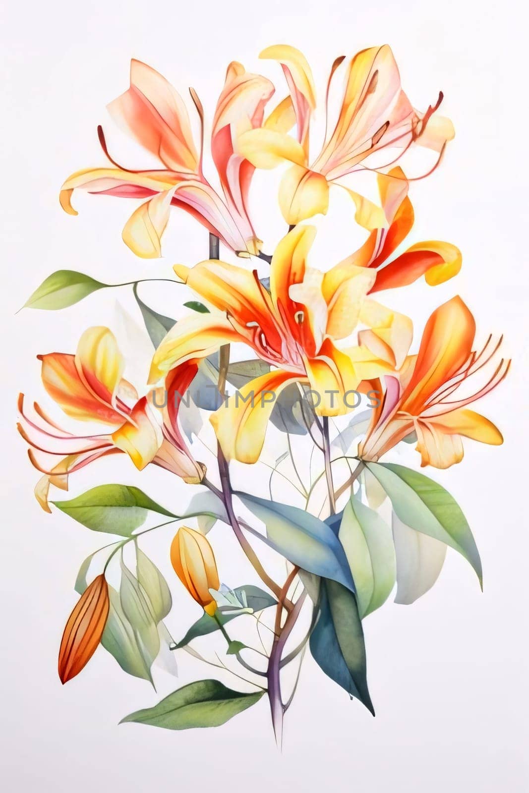 Drawn, painted orange flower bouquet on isolated white background. Flowering flowers, a symbol of spring, new life. A joyful time of nature waking up to life.