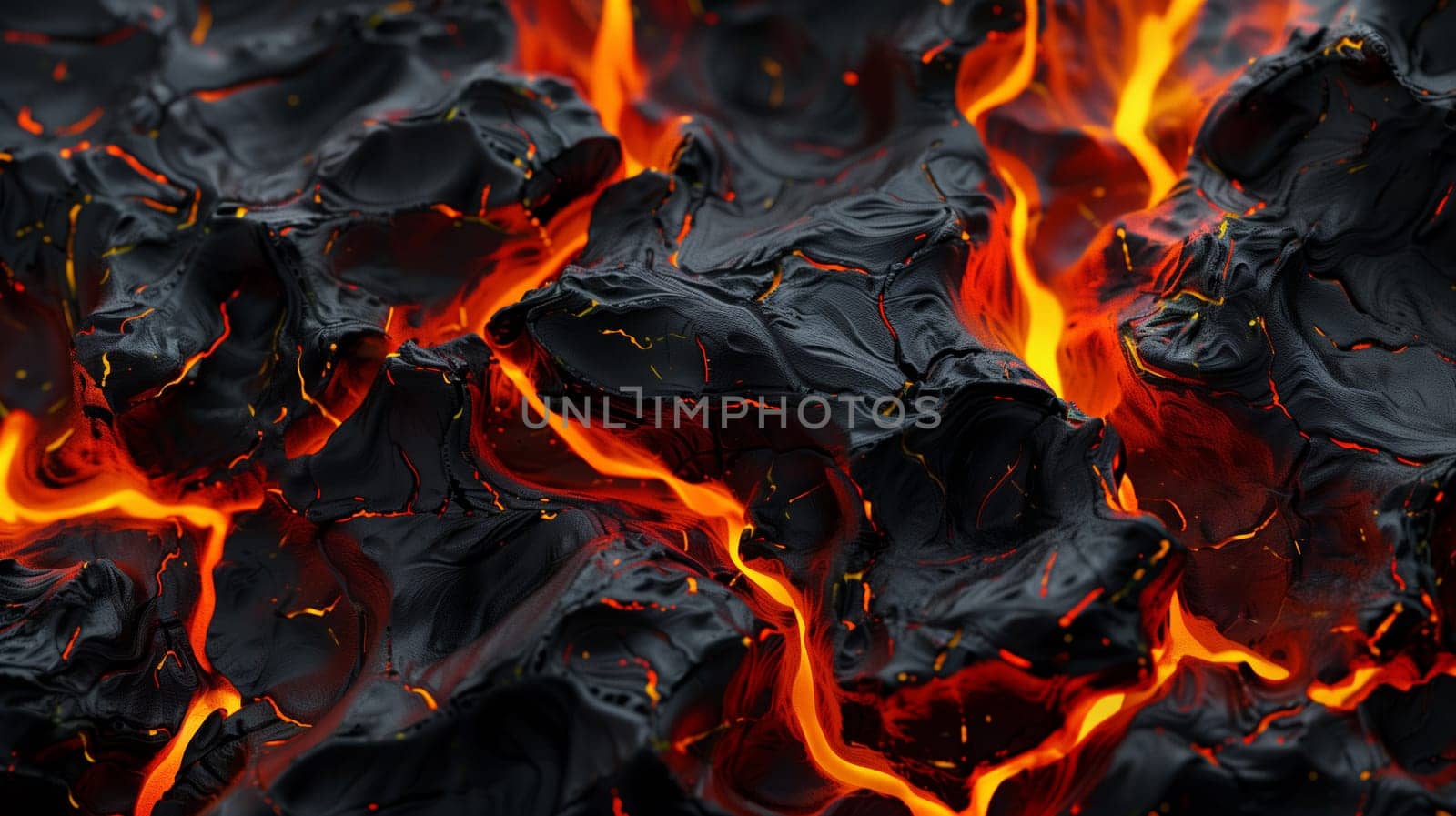 Close up abstract background black burning volcanic lava with red flame in cracks, eruption