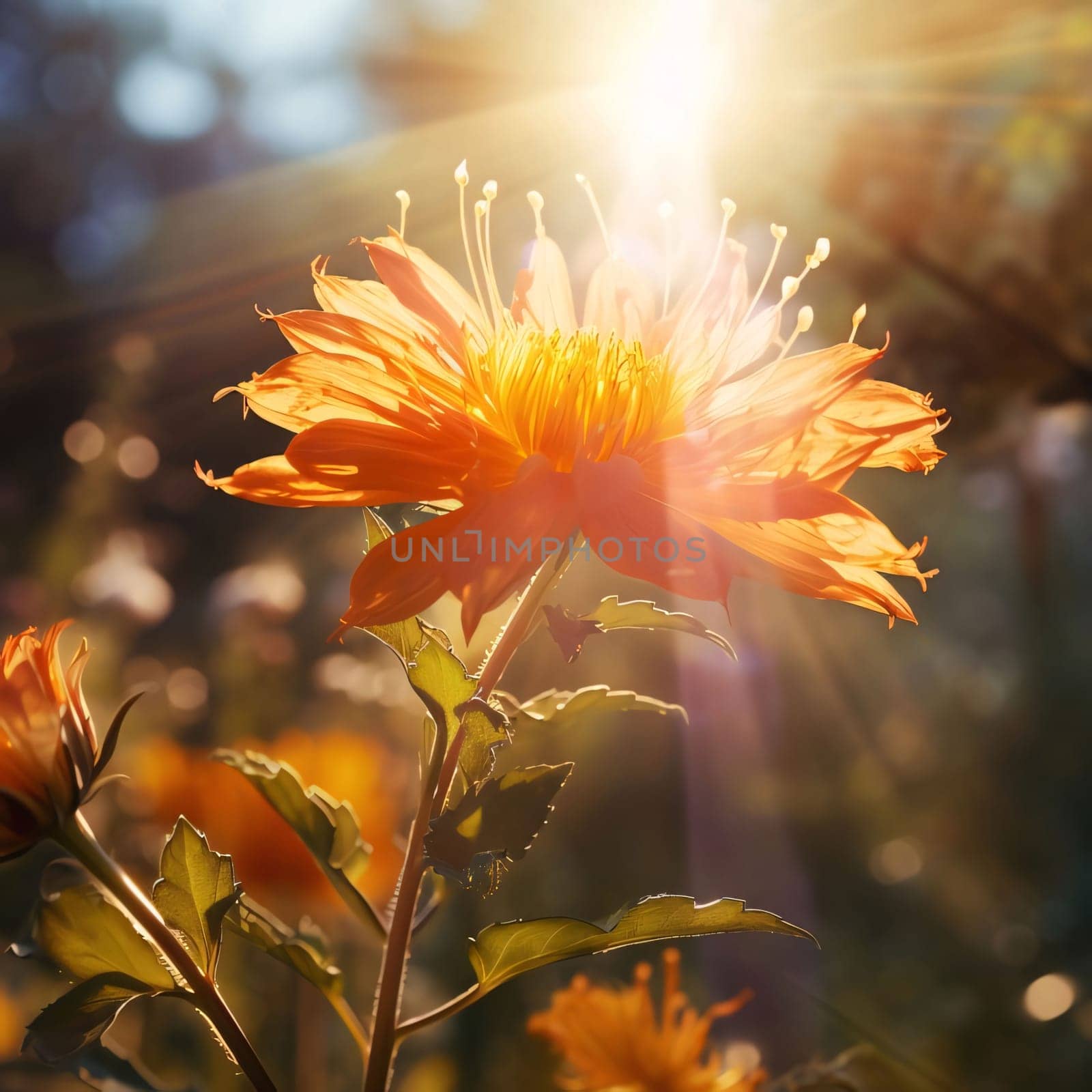 Sun rays falling on orange flower, Blurred green background. Flowering flowers, a symbol of spring, new life. A joyful time of nature waking up to life.