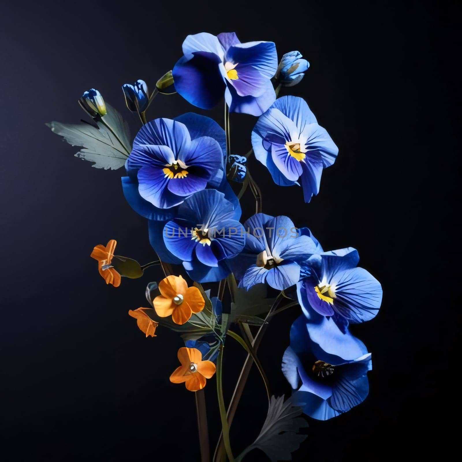Blue flowers - pansies on a dark black isolated background. Flowering flowers, a symbol of spring, new life. A joyful time of nature waking up to life.