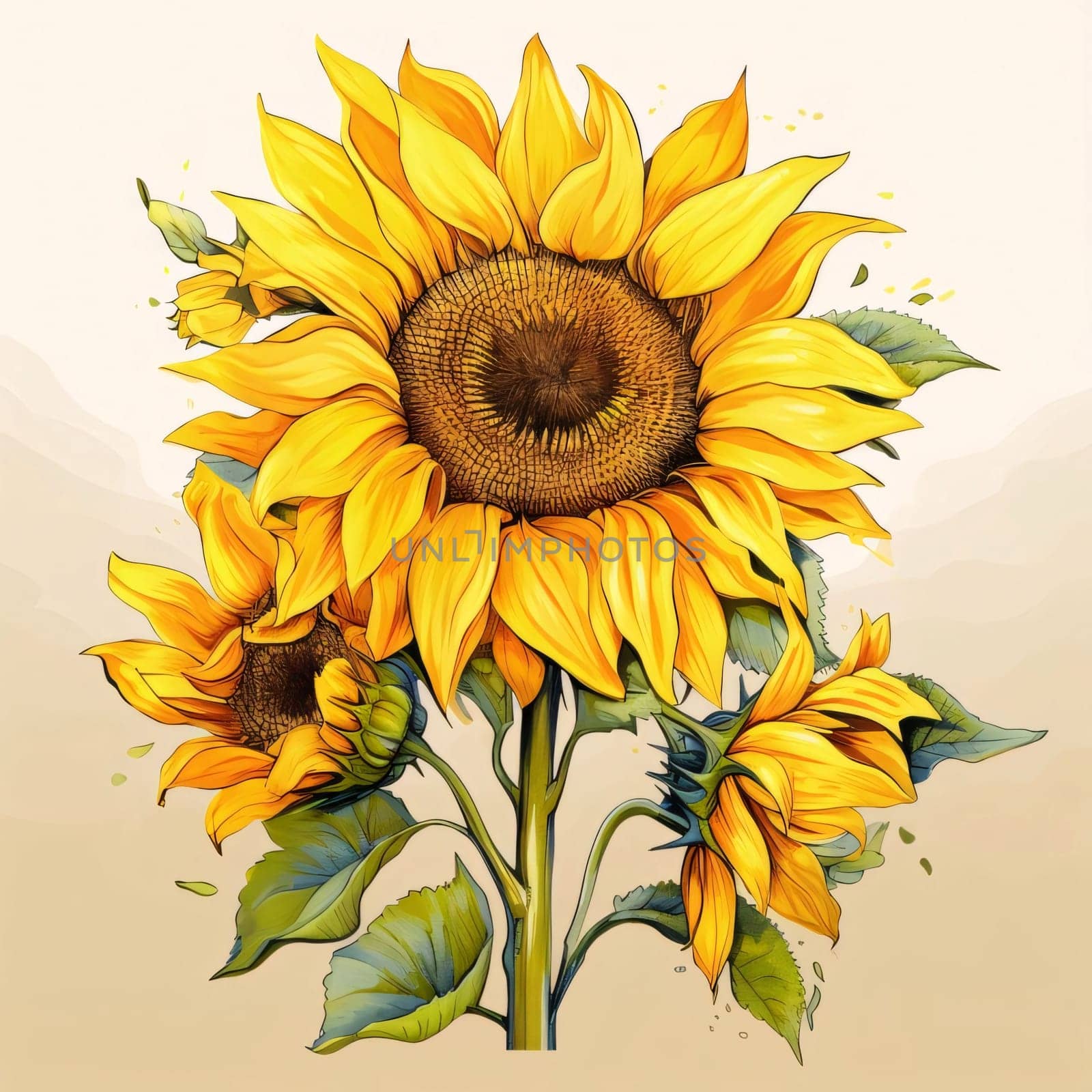 Painted with watercolor paints sunflowers on a bright background. Flowering flowers, a symbol of spring, new life. A joyful time of nature waking up to life.