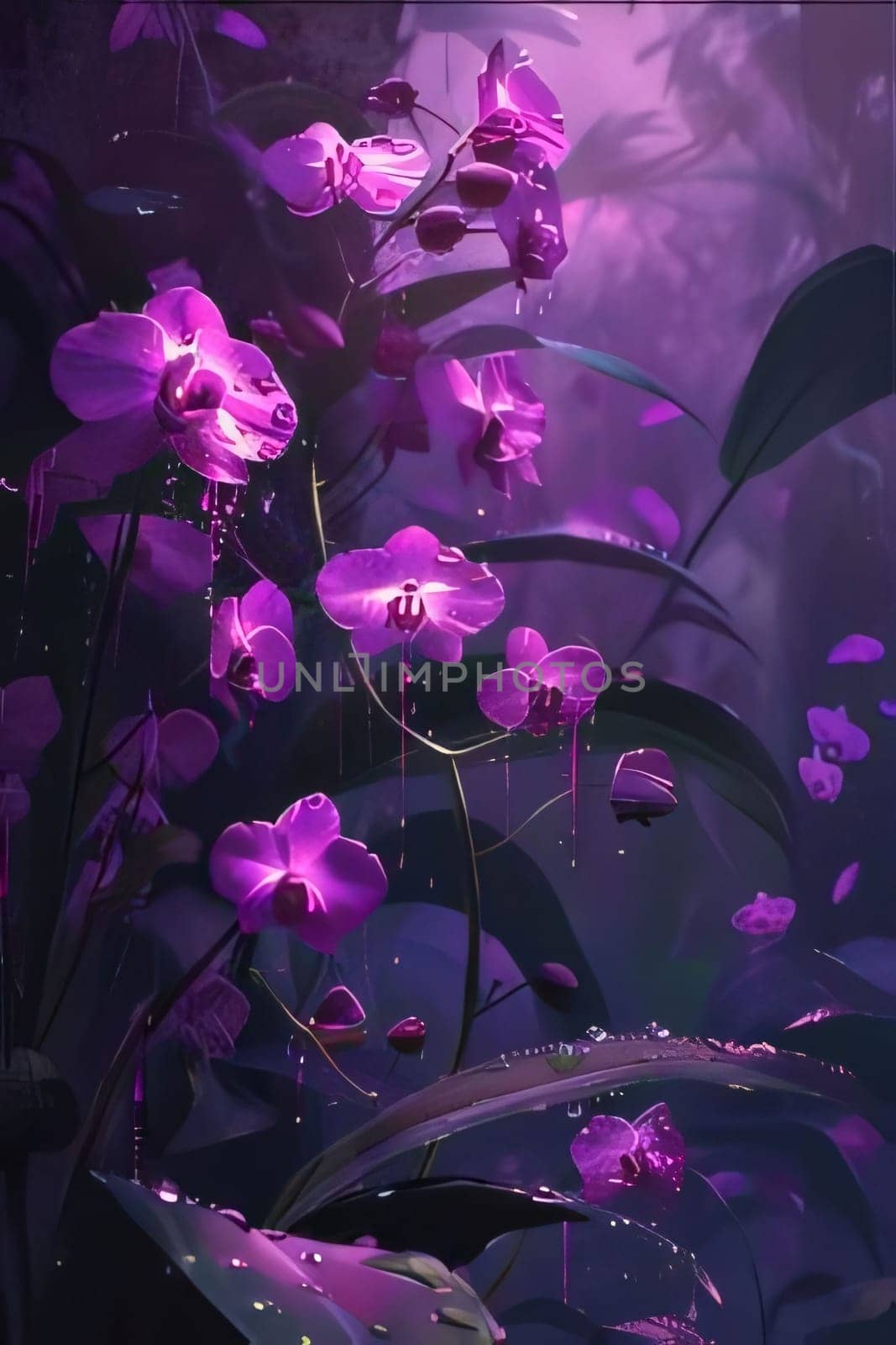 Purple flowers. Drops of dripping water, rain in the dark forest, around a long leaf. Flowering flowers, a symbol of spring, new life. A joyful time of nature waking up to life.