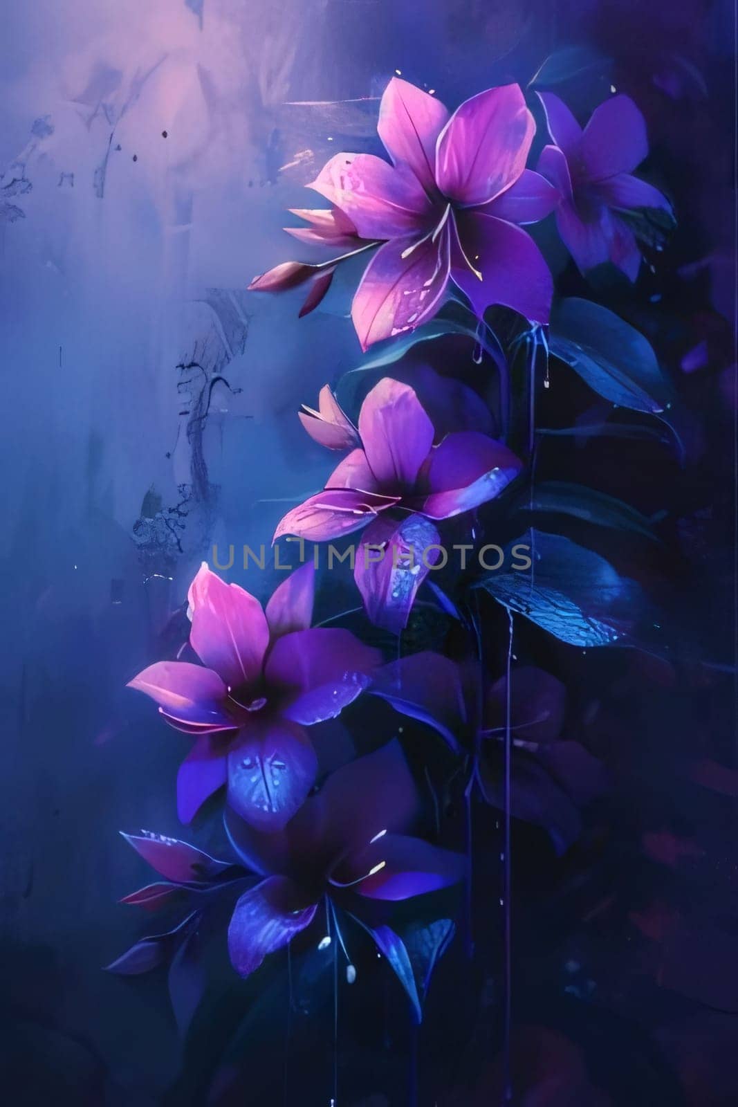 Purple flowers. Drops of dripping water, rain in the dark forest, around a long leaf. Flowering flowers, a symbol of spring, new life. by ThemesS