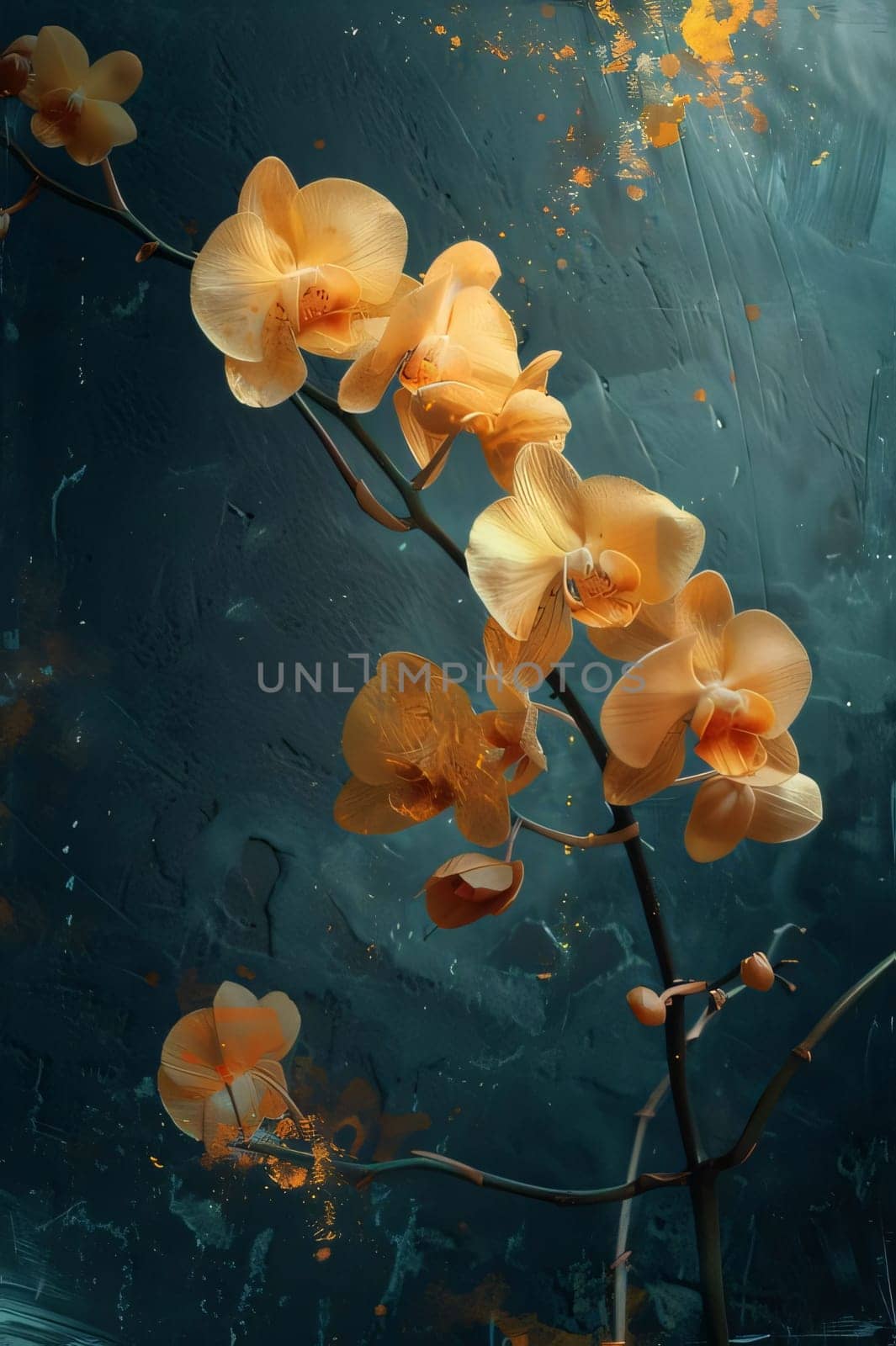 Orange orchid flowers on a dark background. Flowering flowers, a symbol of spring, new life. A joyful time of nature waking up to life.