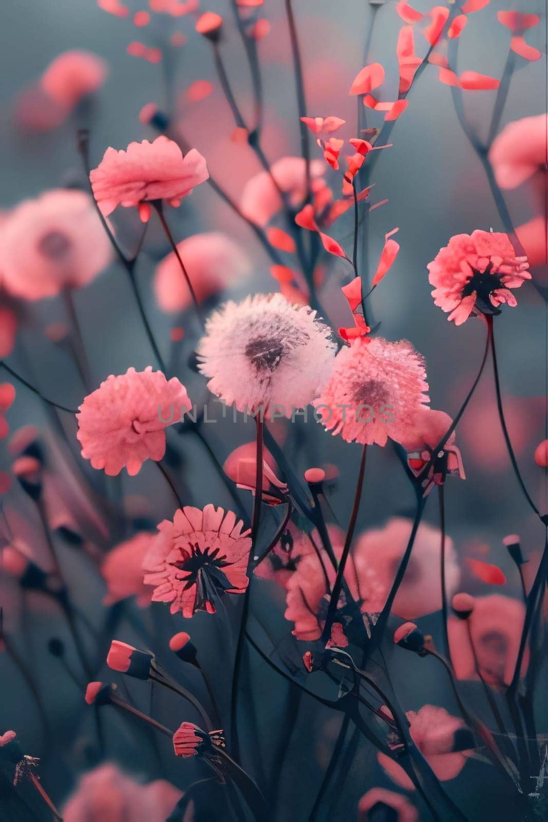 Pink flowers and buds on stems, dark gray background. Flowering flowers, a symbol of spring, new life. A joyful time of nature waking up to life.