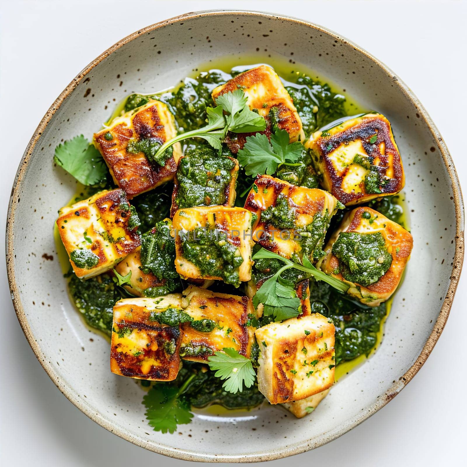 A dish of traditional Indian paneer cheese, diced and fried with spices, garnished with fresh cilantro and pesto on a ceramic plate. View from above.