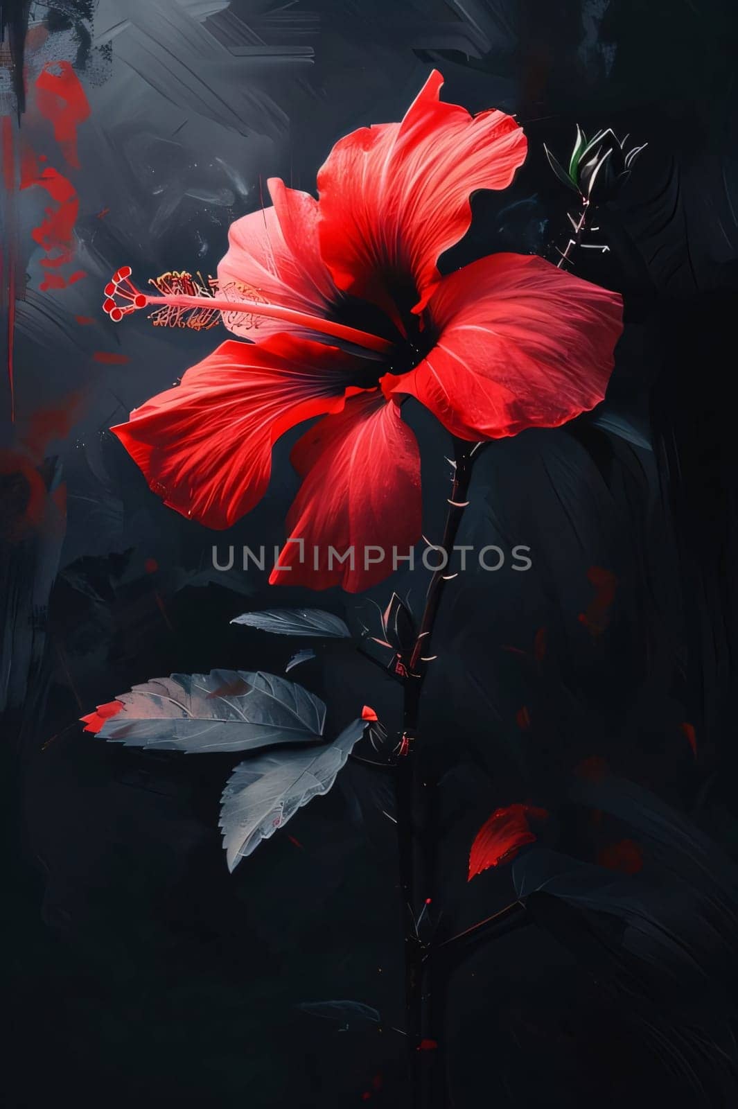 Red flower petals and green leaves on a gray background. Flowering flowers, a symbol of spring, new life. A joyful time of nature waking up to life.