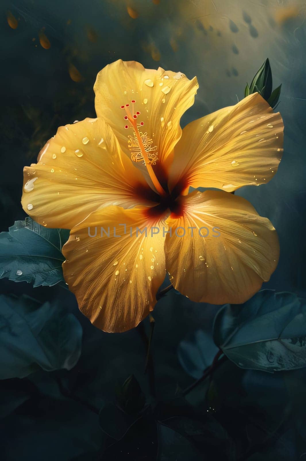 Orange flower petals and green leaves on a gray background. Flowering flowers, a symbol of spring, new life. A joyful time of nature waking up to life.