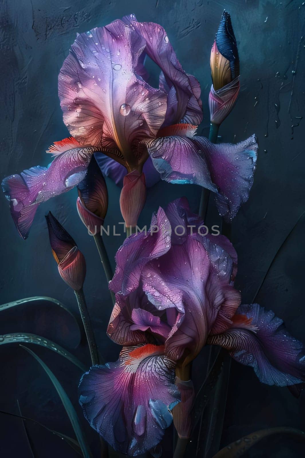 Purple flowers with raindrops, water, dew on a dark background. Flowering flowers, a symbol of spring, new life. A joyful time of nature waking up to life.