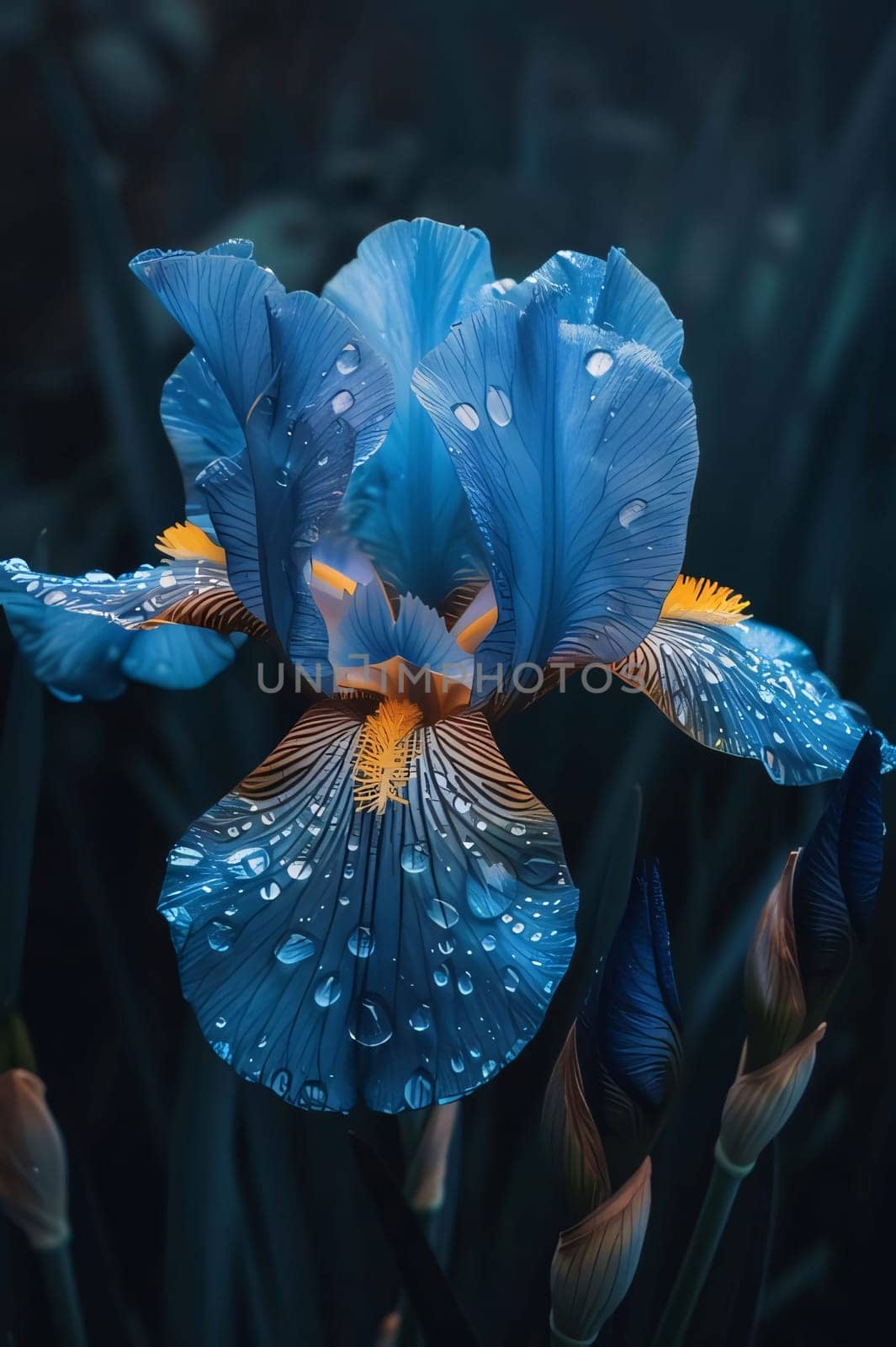 Blue flowers, petals with drops of rain, water, dew on a dark background. Flowering flowers, a symbol of spring, new life. A joyful time of nature waking up to life.