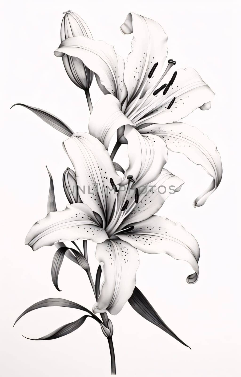 Black and white lilies on a white background. flower, leaves, stem. Flowering flowers, a symbol of spring, new life. by ThemesS