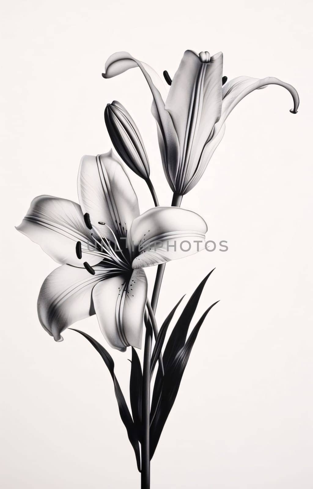 Black and white lilies on a white background. flower, leaves, stem. Flowering flowers, a symbol of spring, new life. A joyful time of nature waking up to life.