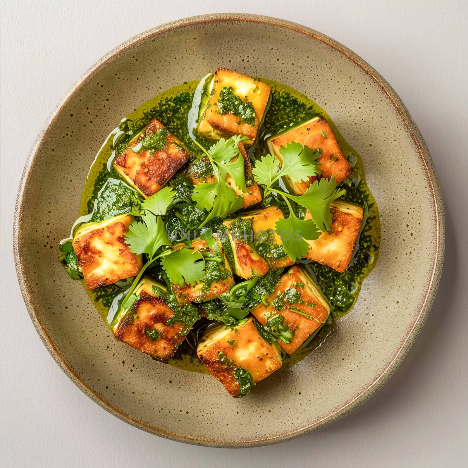 A dish of traditional Indian paneer cheese, diced and fried with spices, garnished with fresh cilantro and pesto on a ceramic plate. View from above.