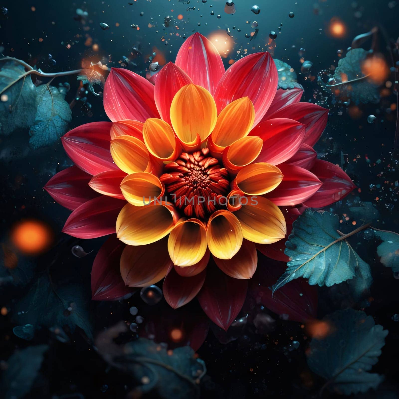 Orange red flower on a dark background with leaves. Flowering flowers, a symbol of spring, new life. A joyful time of nature waking up to life.