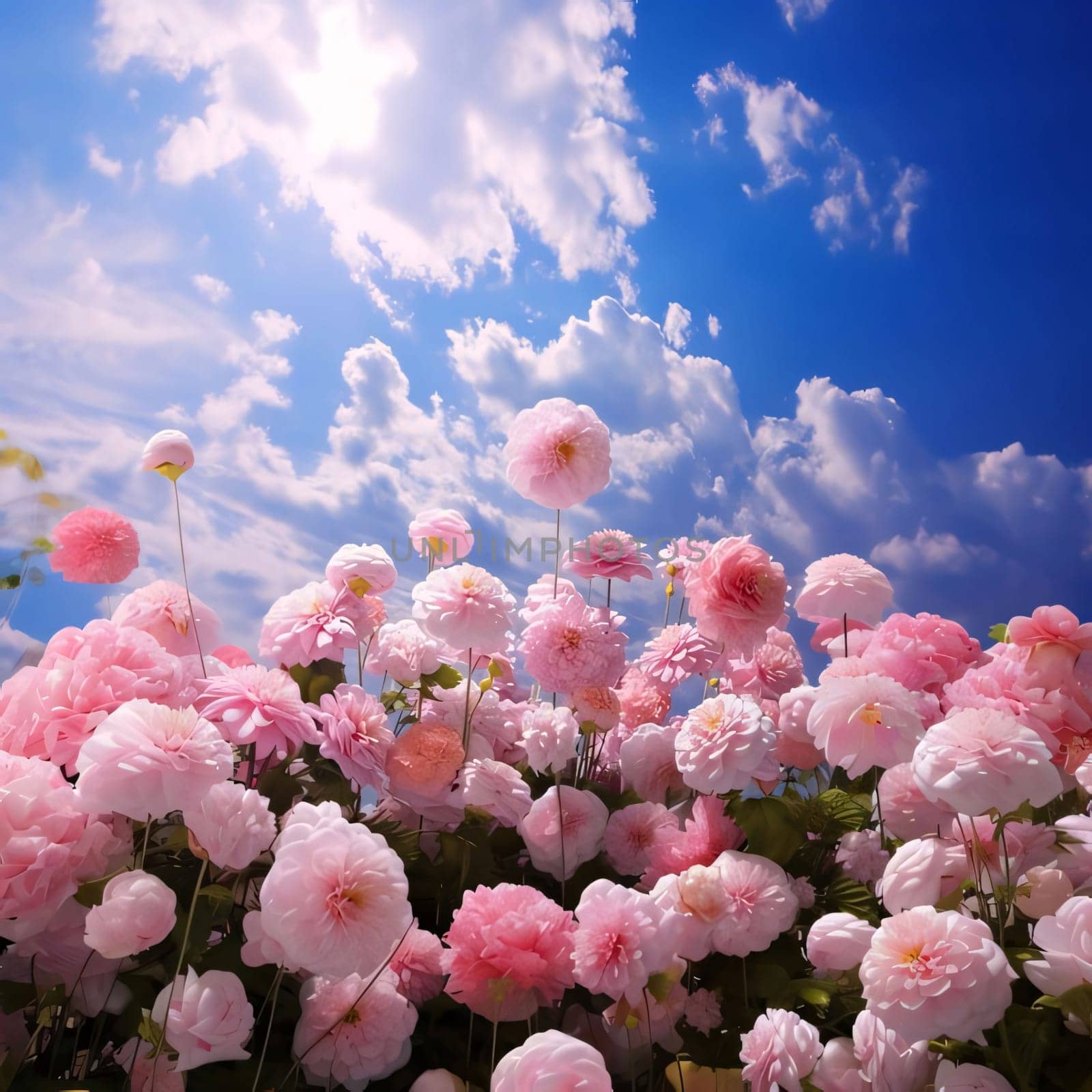 Pink flowers growing in the field. In the back the sky, clouds. Flowering flowers, a symbol of spring, new life. A joyful time of nature waking up to life.