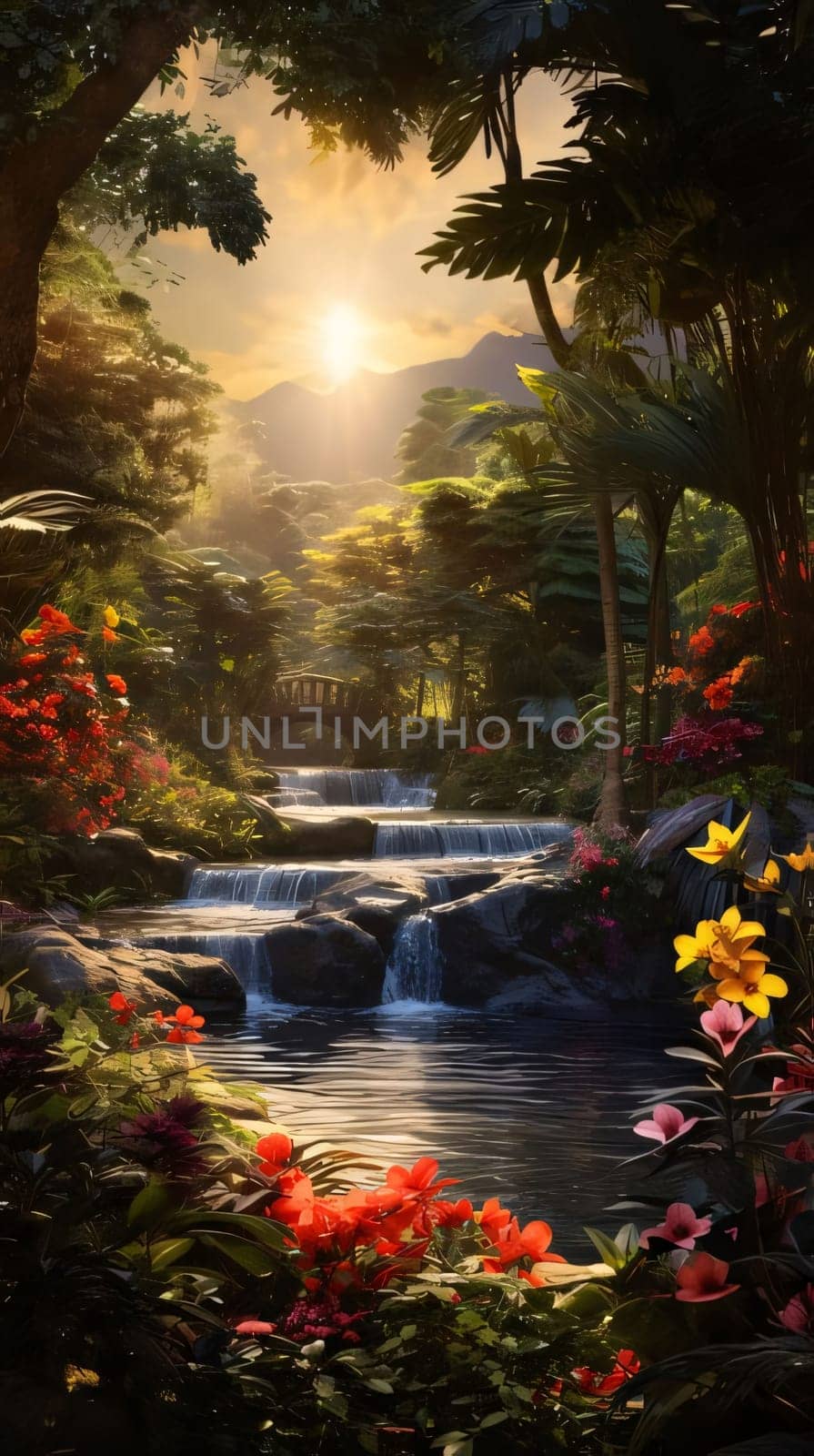View of dense nature, nature, colorful flowers and tiny waterfalls sunset over the mountains. Flowering flowers, a symbol of spring, new life. A joyful time of nature waking up to life.