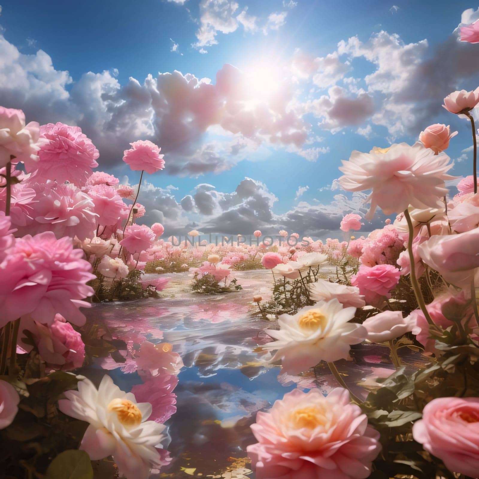 View with white pink flowers, in the middle a stream, sky and sun. Flowering flowers, a symbol of spring, new life. A joyful time of nature waking up to life.