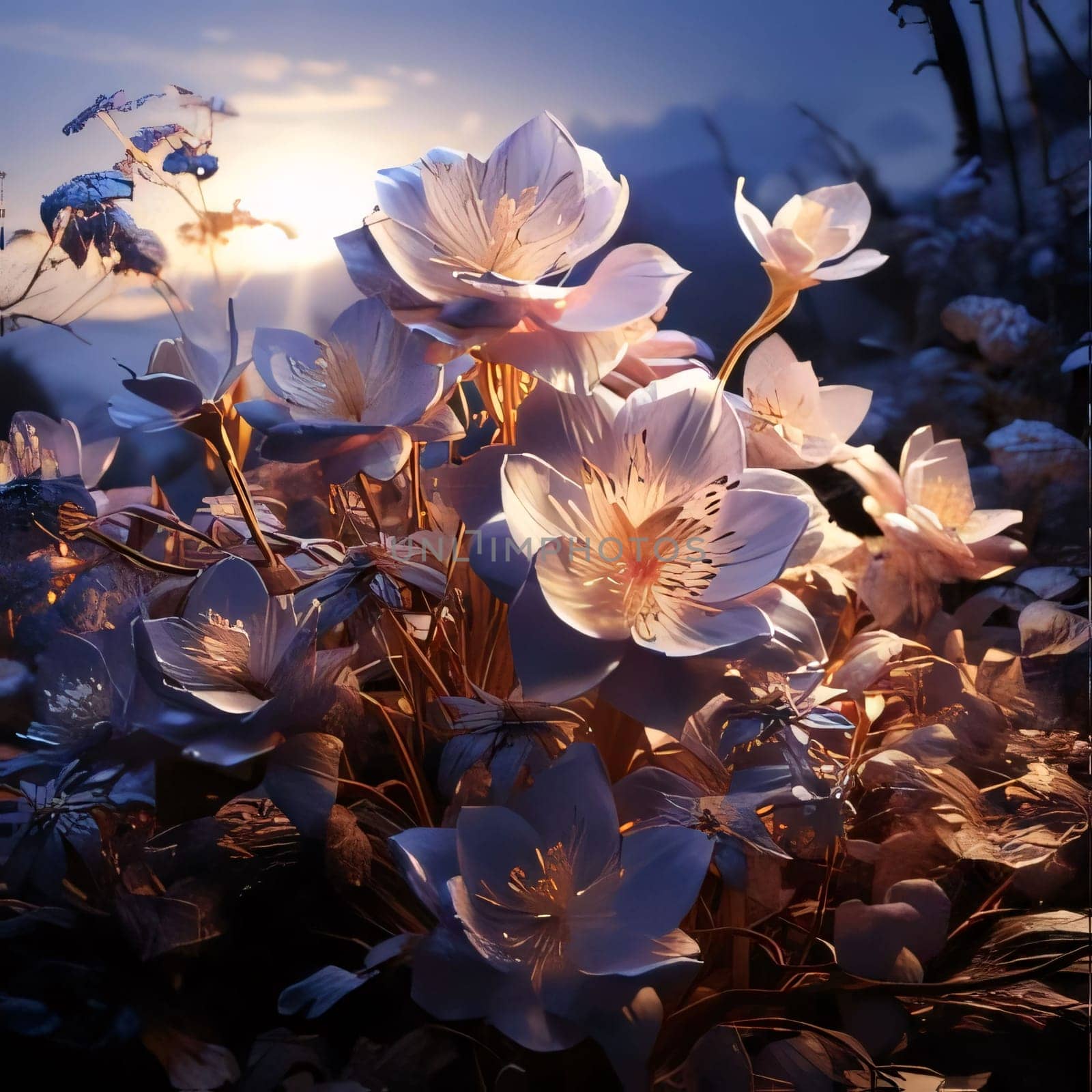 White flowers in the sunset rays, dark background. Flowering flowers, a symbol of spring, new life. A joyful time of nature waking up to life.