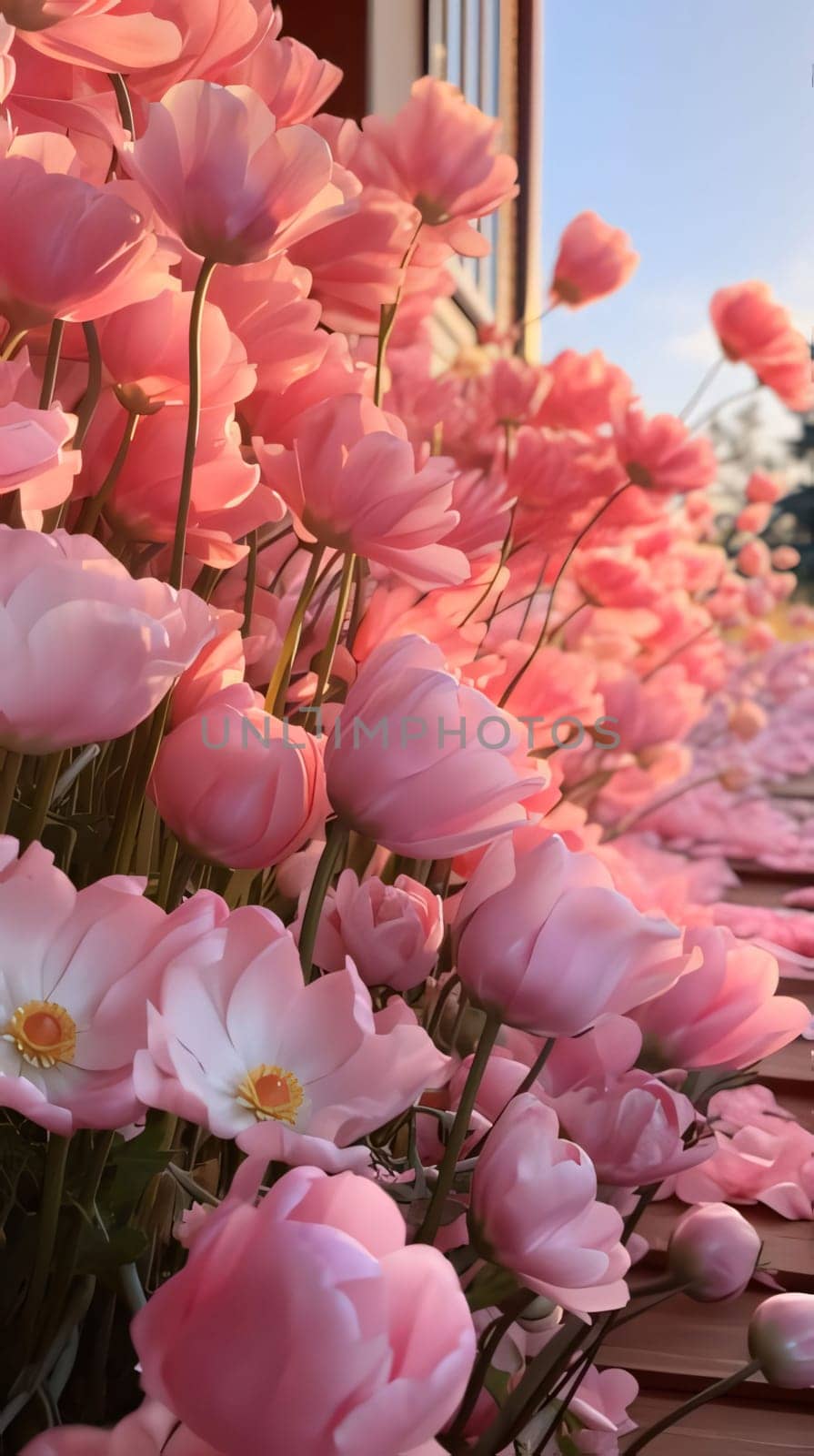 Hundreds of pink tulip flowers in the rays of the setting sun. Flowering flowers, a symbol of spring, new life. A joyful time of nature waking up to life.