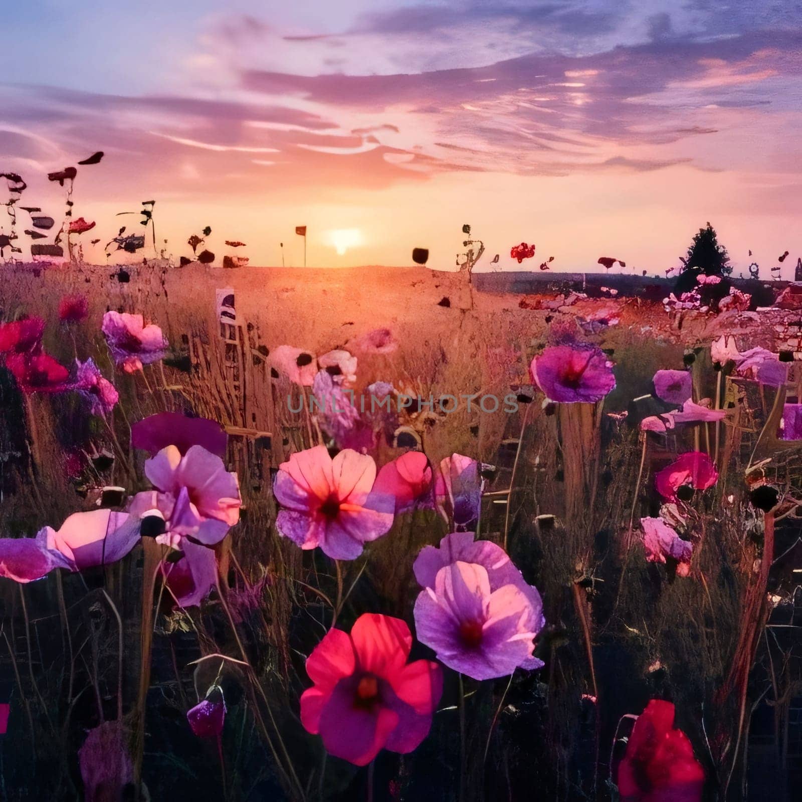 Illustration of a field full of pink flowers in the sunshine, at sunset. Flowering flowers, a symbol of spring, new life. A joyful time of nature waking up to life.