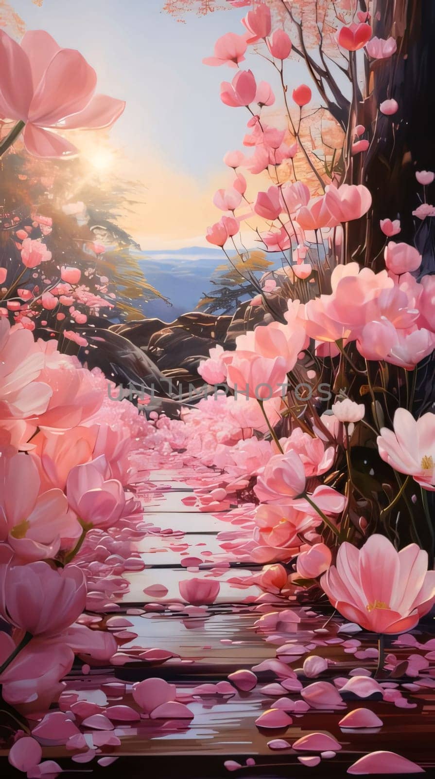 Hundreds of pink tulip flowers in the rays of the setting sun. Flowering flowers, a symbol of spring, new life. A joyful time of nature waking up to life.