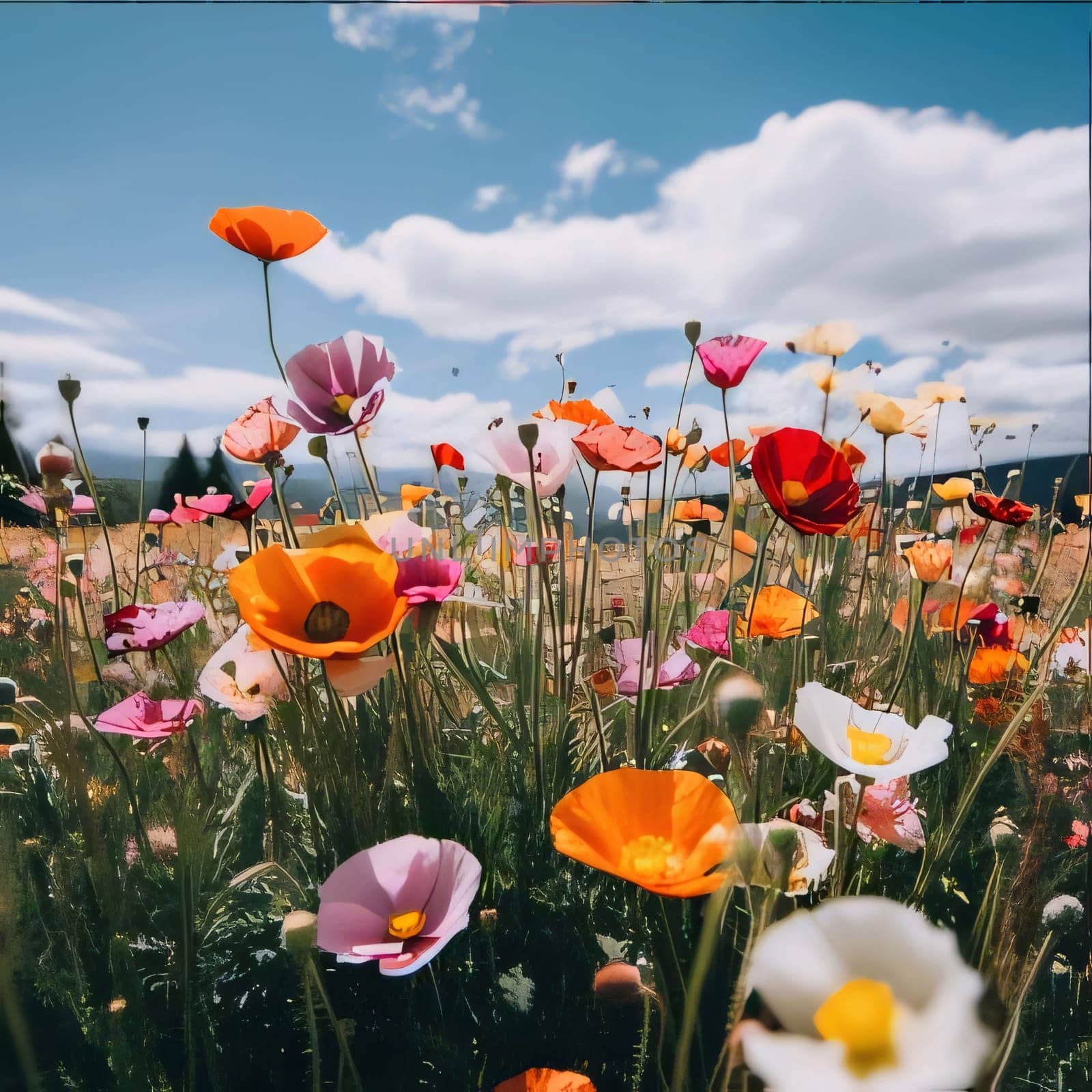 Colorful flowers of poppies in the field, meadow, clearing, at the top of the clouds. Flowering flowers, a symbol of spring, new life. A joyful time of nature waking up to life.