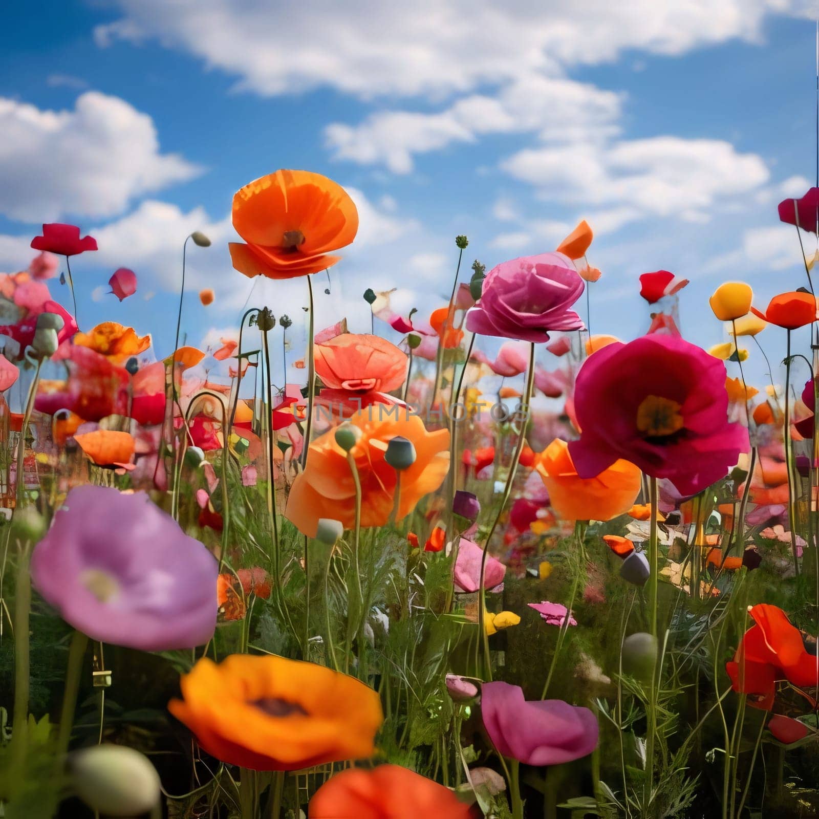 Colorful flowers of poppies in the field, meadow, clearing, at the top of the clouds. Flowering flowers, a symbol of spring, new life. A joyful time of nature waking up to life.