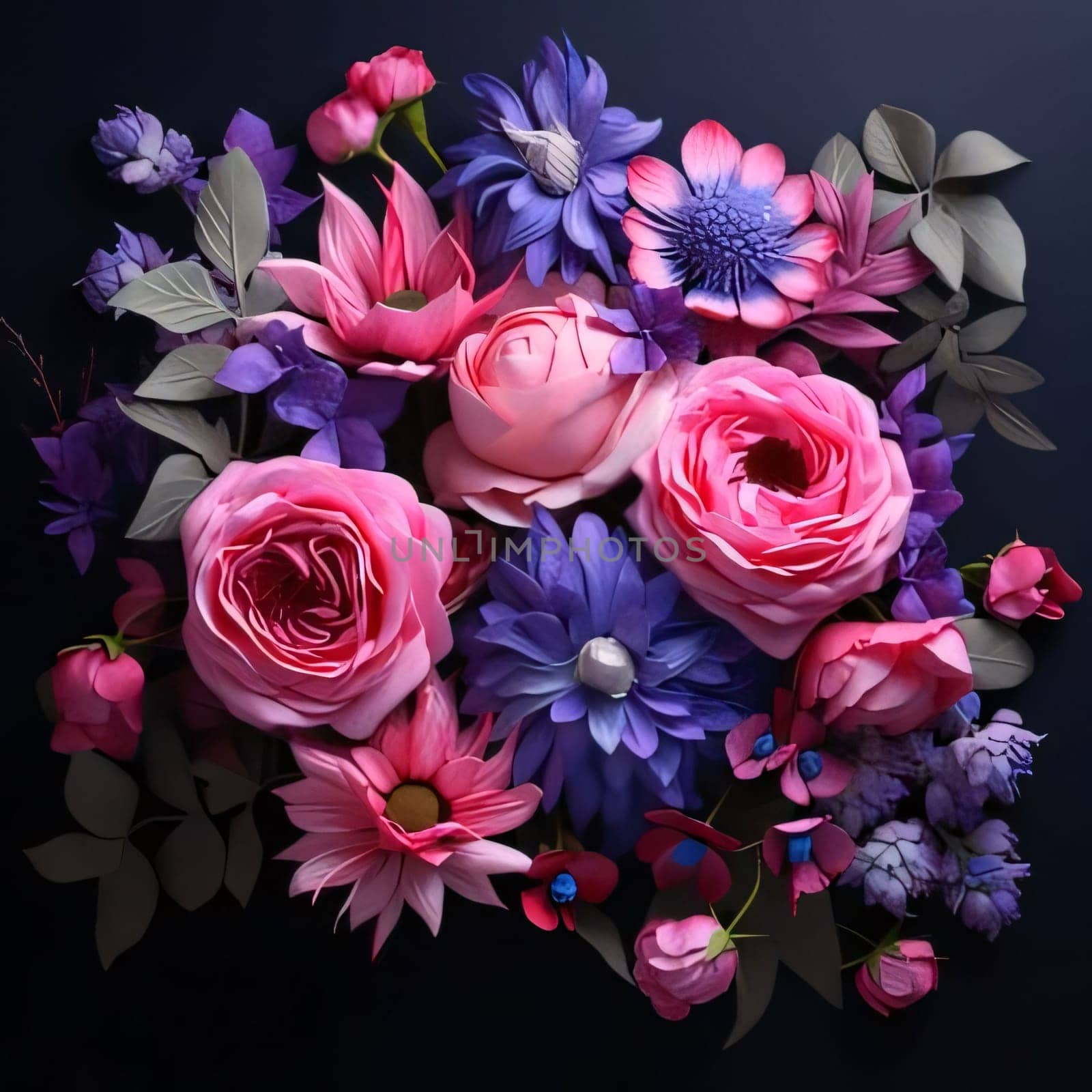 A bouquet of colorful pink flowers on a dark background. Flowering flowers, a symbol of spring, new life. by ThemesS