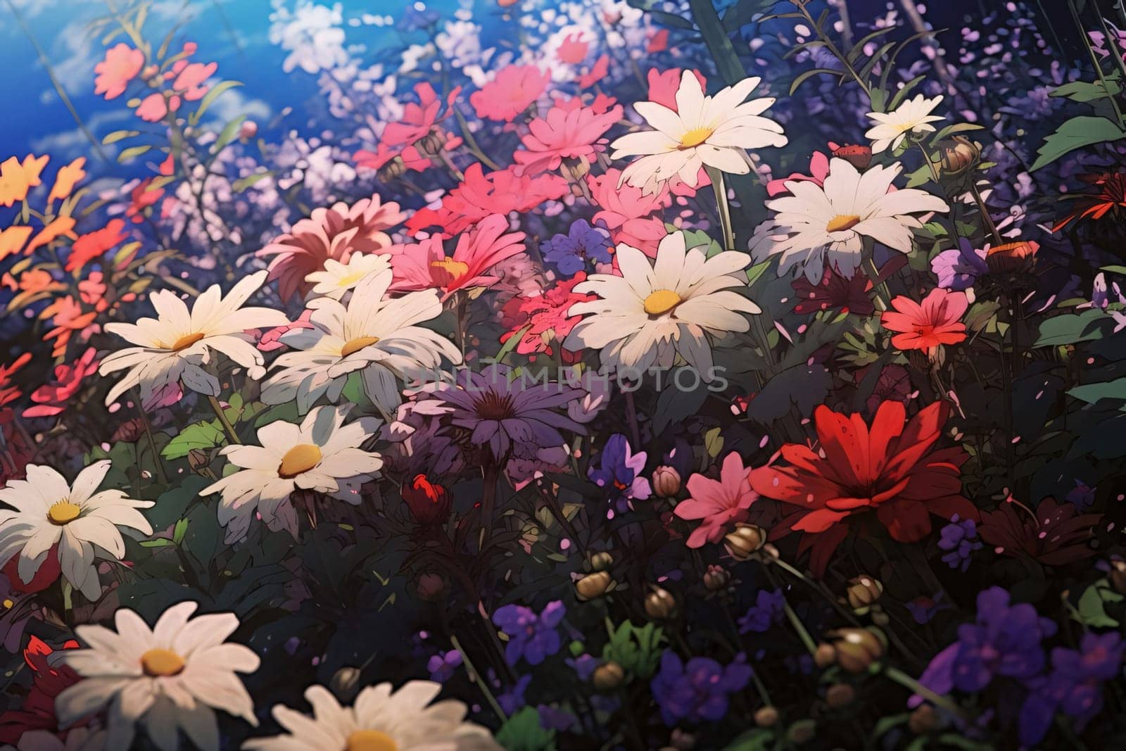 Painted, drawn, white and red flowers in the field. Flowering flowers, a symbol of spring, new life. by ThemesS