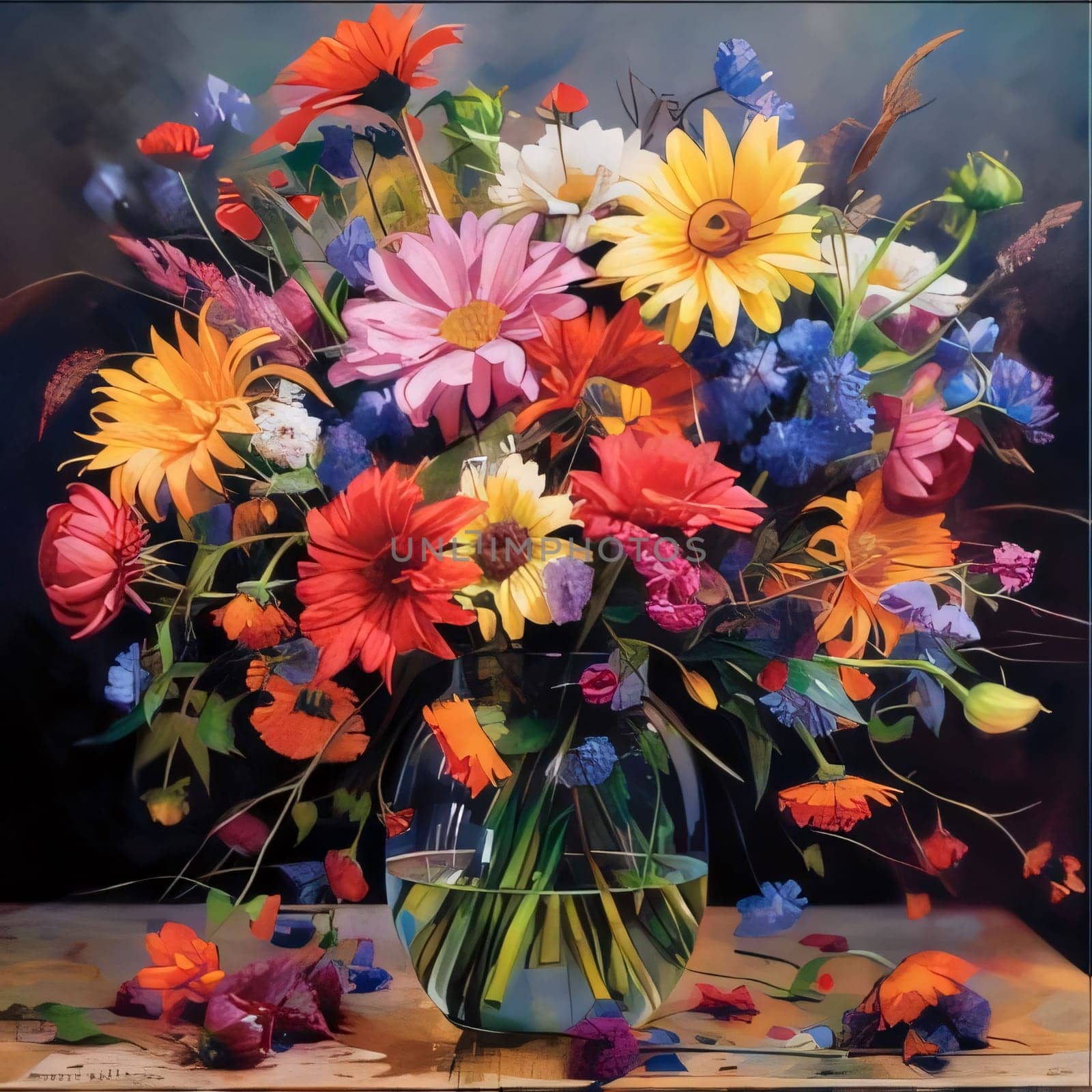 Colorful flowers of different kinds of species in a glass vase, on a dark background. Flowering flowers, a symbol of spring, new life. A joyful time of nature waking up to life.