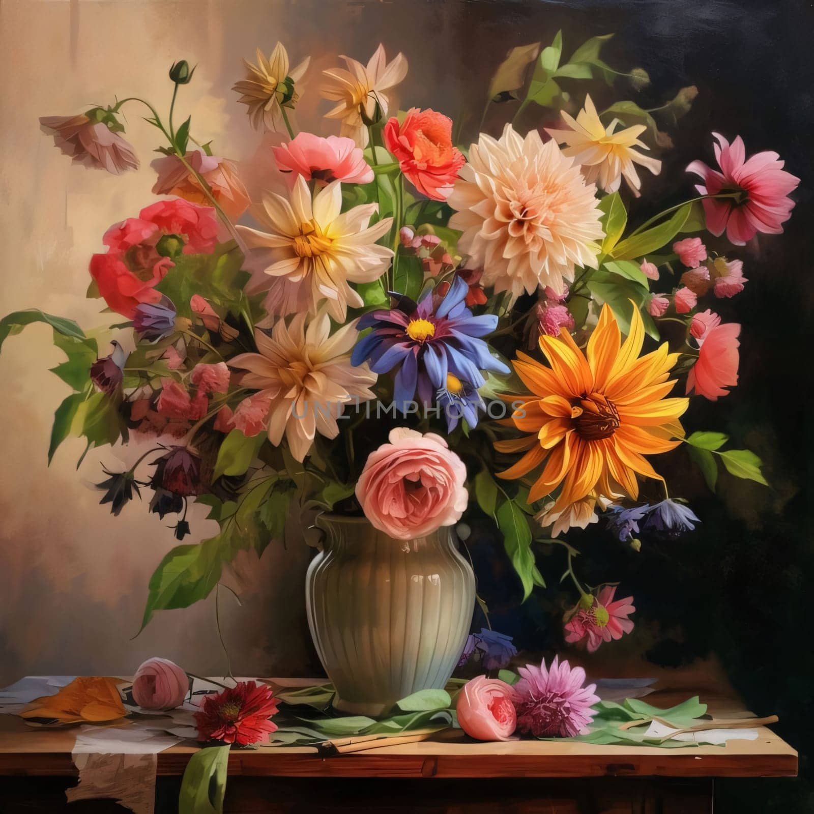 Colorful flowers of different kinds of species in a vase, on a dark background. Flowering flowers, a symbol of spring, new life. A joyful time of nature waking up to life.