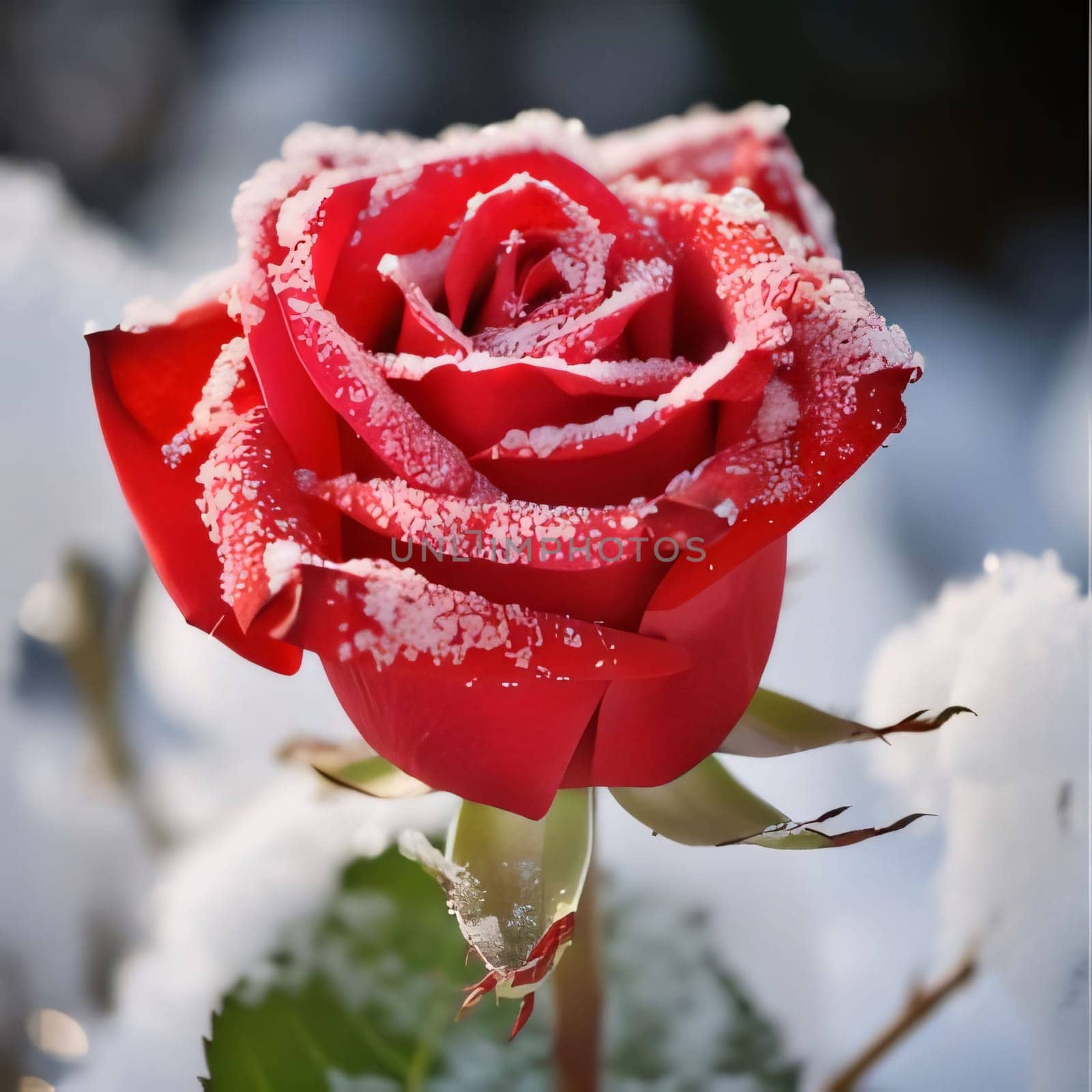 Red rose flower sprinkled with white snow, smudged background of winter. Flowering flowers, a symbol of spring, new life. A joyful time of nature waking up to life.