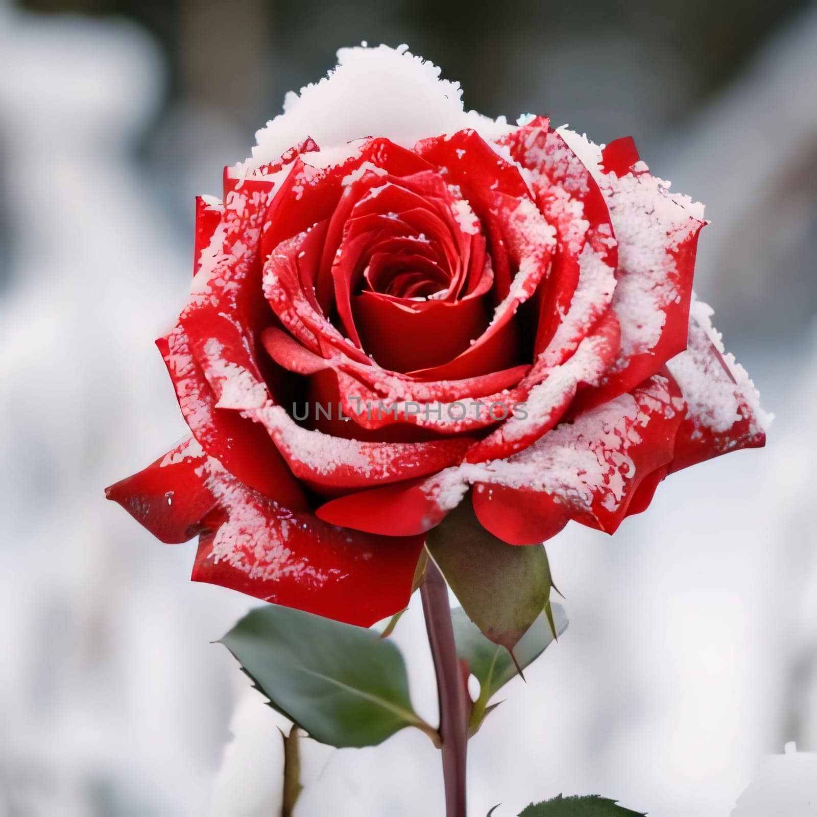 Red rose flower sprinkled with white snow, smudged background of winter. Flowering flowers, a symbol of spring, new life. A joyful time of nature waking up to life.