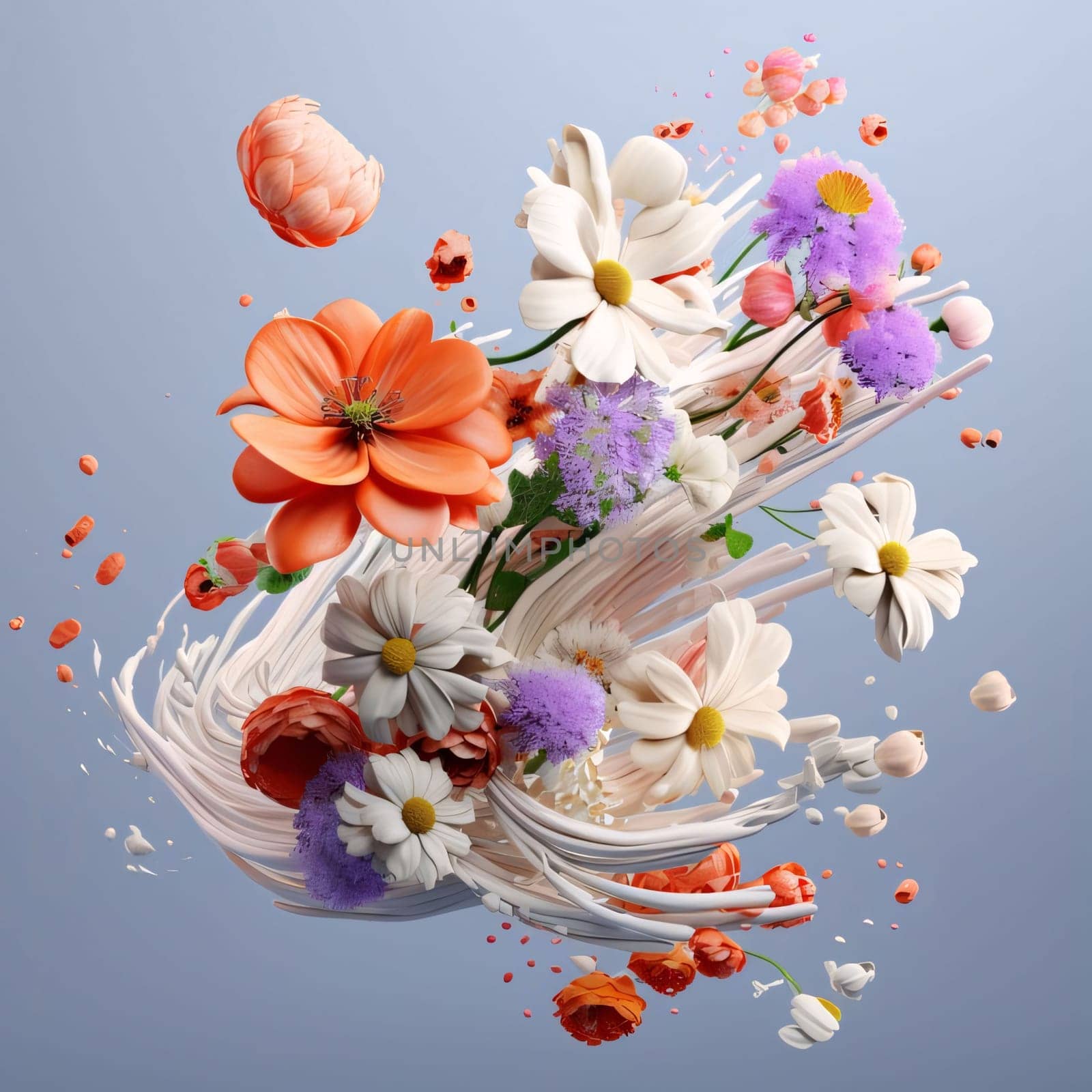Abstract illustration of a vortex pulling in colorful flowers on a sample. Flowering flowers, a symbol of spring, new life. A joyful time of nature waking up to life.