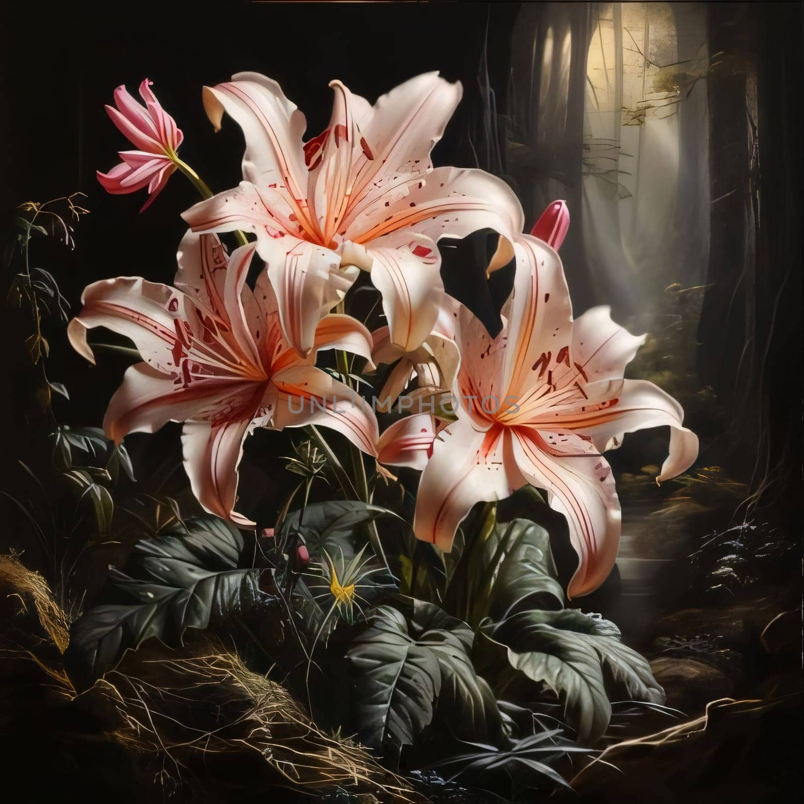 Illustration of pink lily flowers in the middle of a dark forest at night, in the sky, moonlight. Flowering flowers, a symbol of spring, new life. A joyful time of nature waking up to life.