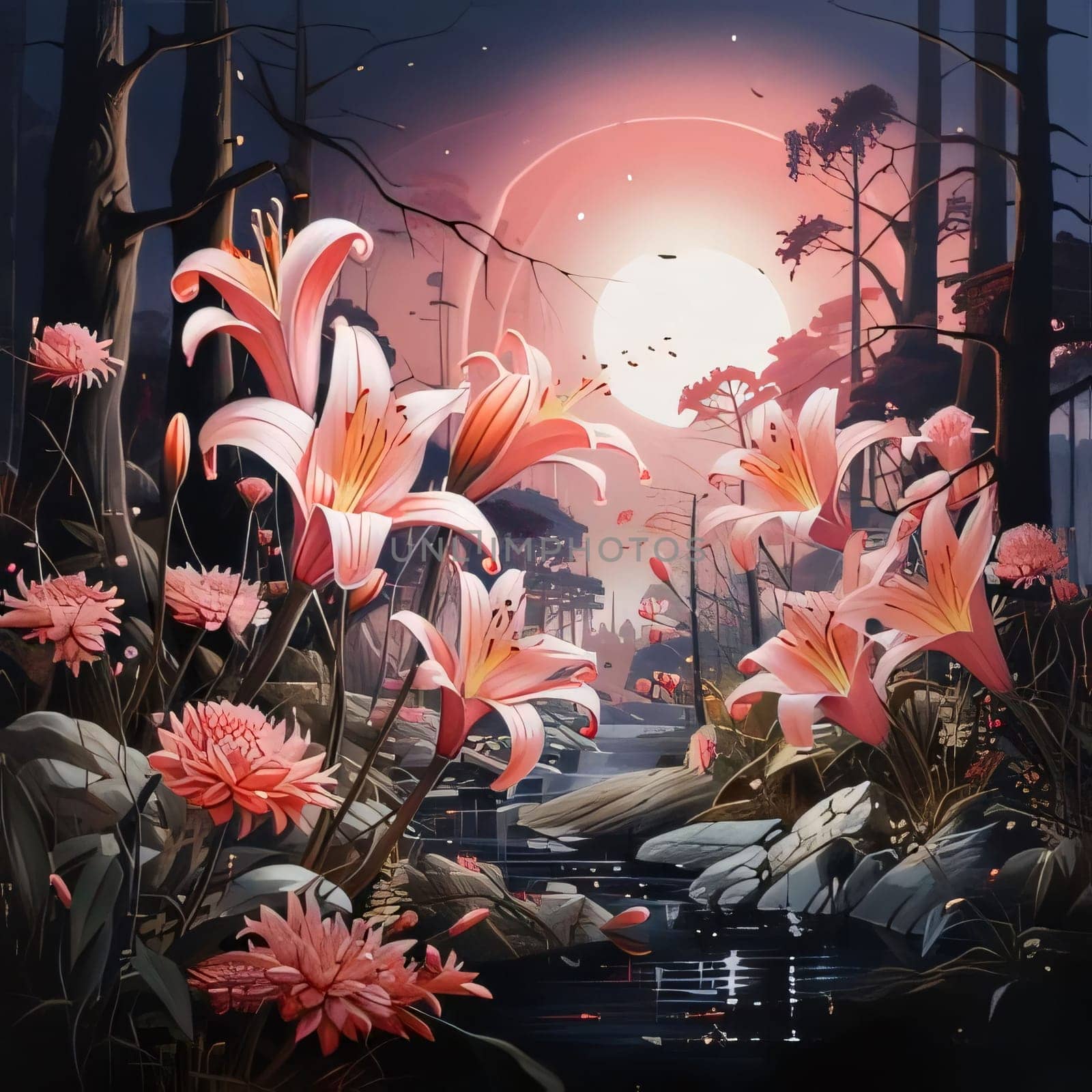 Illustration of pink lily flowers in the middle of a dark forest at night, in the sky, moonlight. Flowering flowers, a symbol of spring, new life. A joyful time of nature waking up to life.