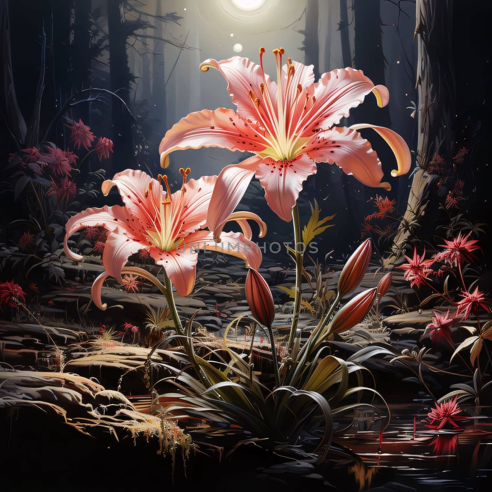 Illustration of pink lily flowers in the middle of a dark forest at night, in the sky, moonlight. Flowering flowers, a symbol of spring, new life. A joyful time of nature waking up to life.