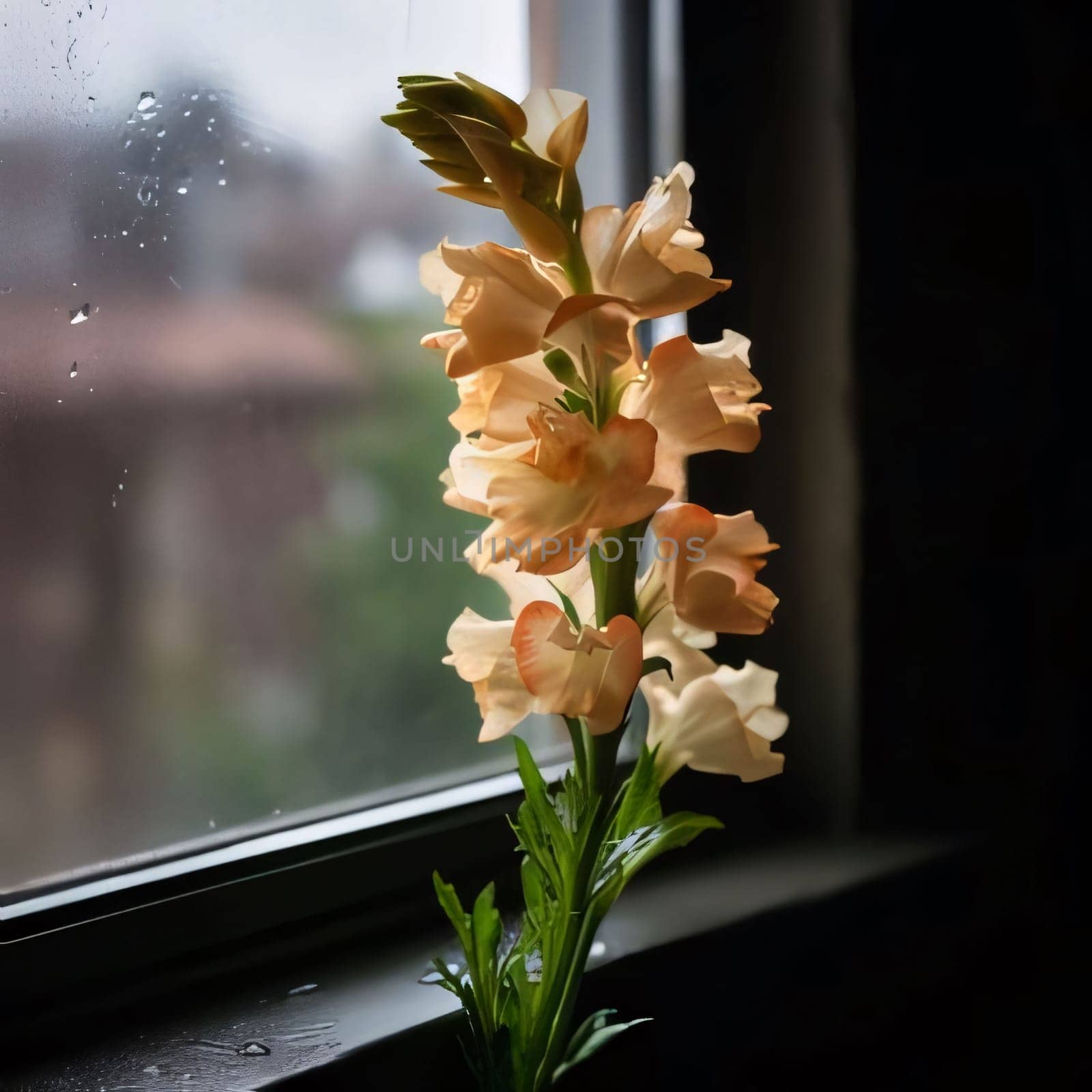 White lily flower, window in the background. Flowering flowers, a symbol of spring, new life. A joyful time of nature waking up to life.