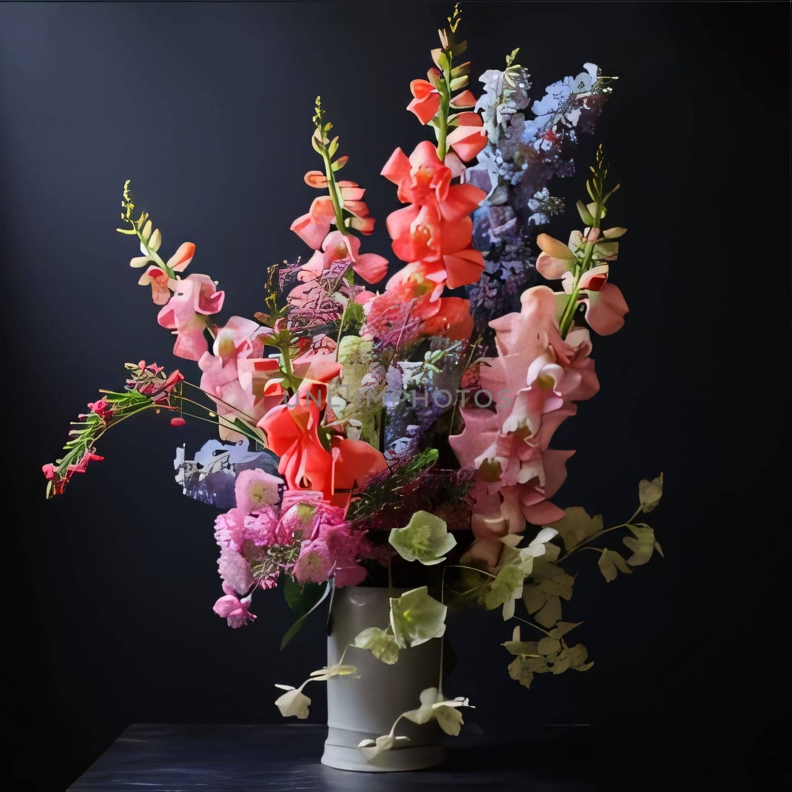 Colorful flowers in a vase set against a dark background. Flowering flowers, a symbol of spring, new life. A joyful time of nature waking up to life.