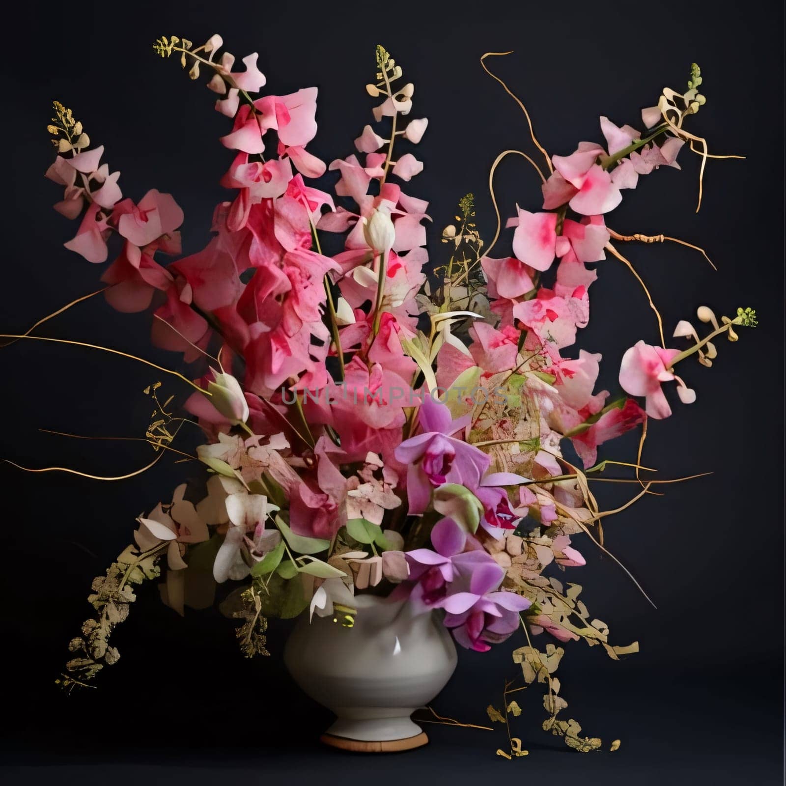 Colorful flowers in a vase set against a dark background. Flowering flowers, a symbol of spring, new life. by ThemesS