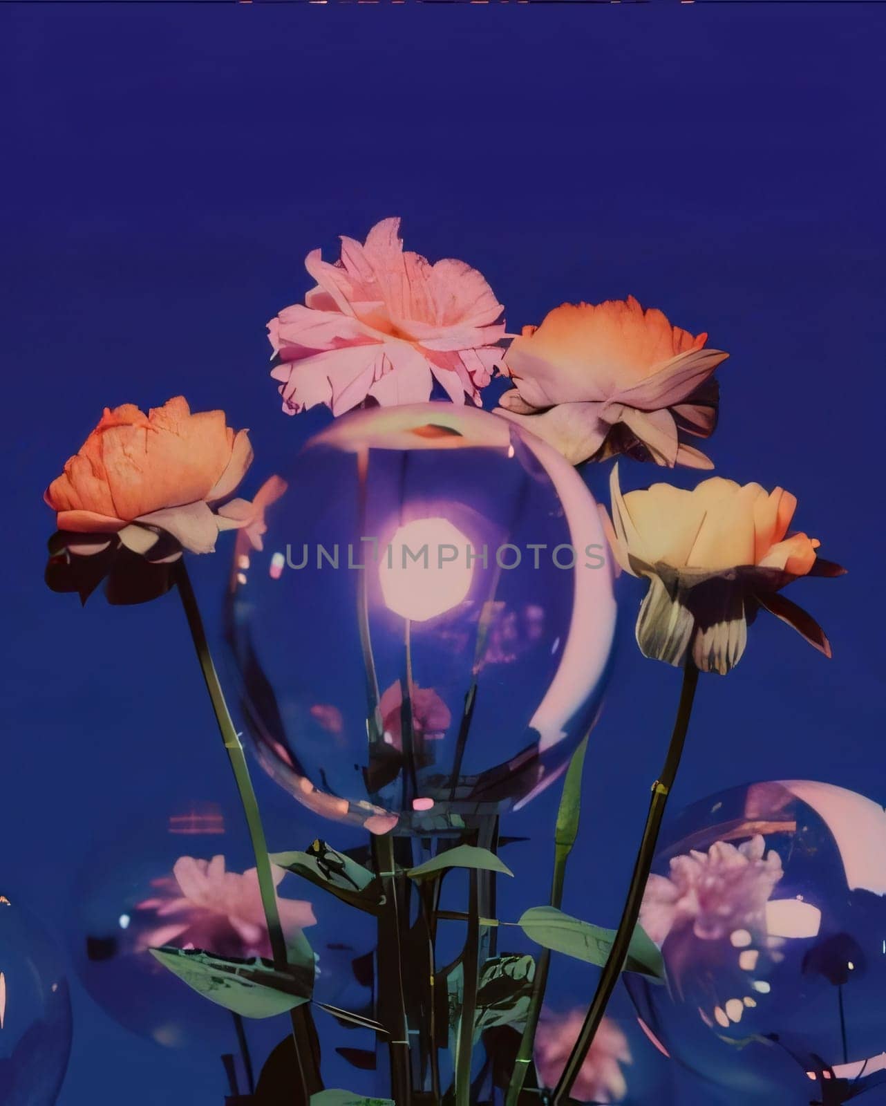 Pink flowers on navy blue background, abstract concept. Flowering flowers, a symbol of spring, new life. A joyful time of nature waking up to life.