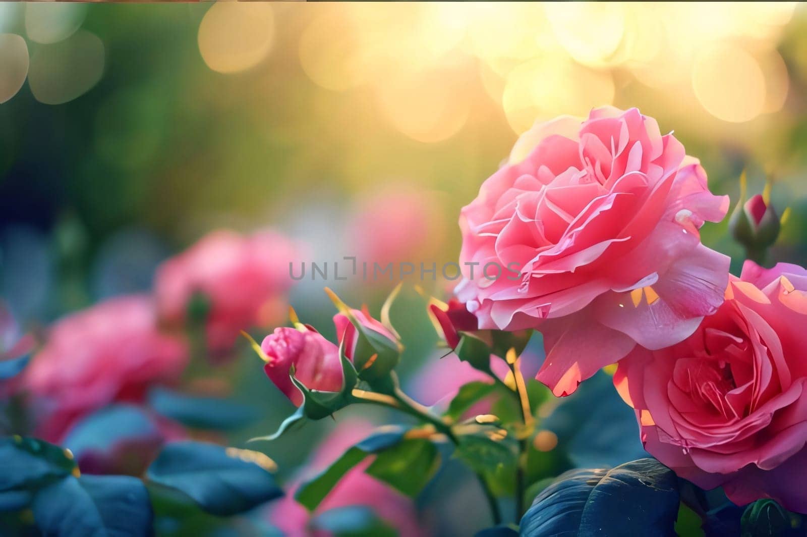 Pink roses on a light smudged background, banner with space for your own content. Flowering flowers, a symbol of spring, new life. A joyful time of nature waking up to life.