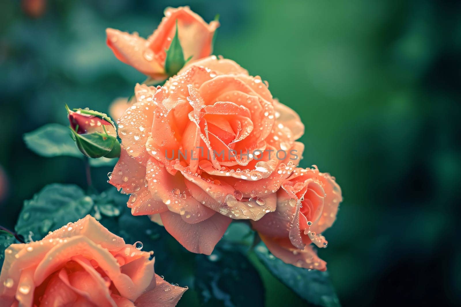 Orange rose blossoms with tiny, drops of water, rain on smudged green background. Flowering flowers, a symbol of spring, new life. A joyful time of nature waking up to life.