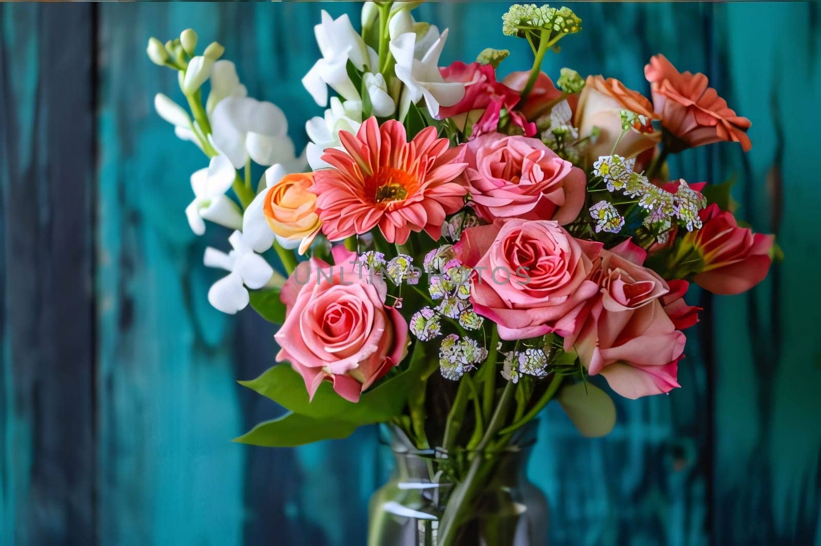 Bouquet of roses, flowers in a glass vase on a wooden background. Flowering flowers, a symbol of spring, new life. A joyful time of nature waking up to life.