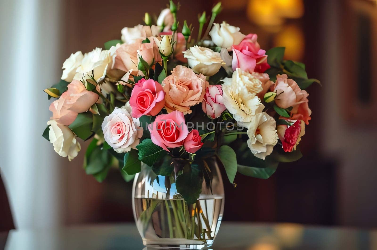 Bouquet of roses, flowers in a glass vase on a dark smudged background. Flowering flowers, a symbol of spring, new life. A joyful time of nature waking up to life.