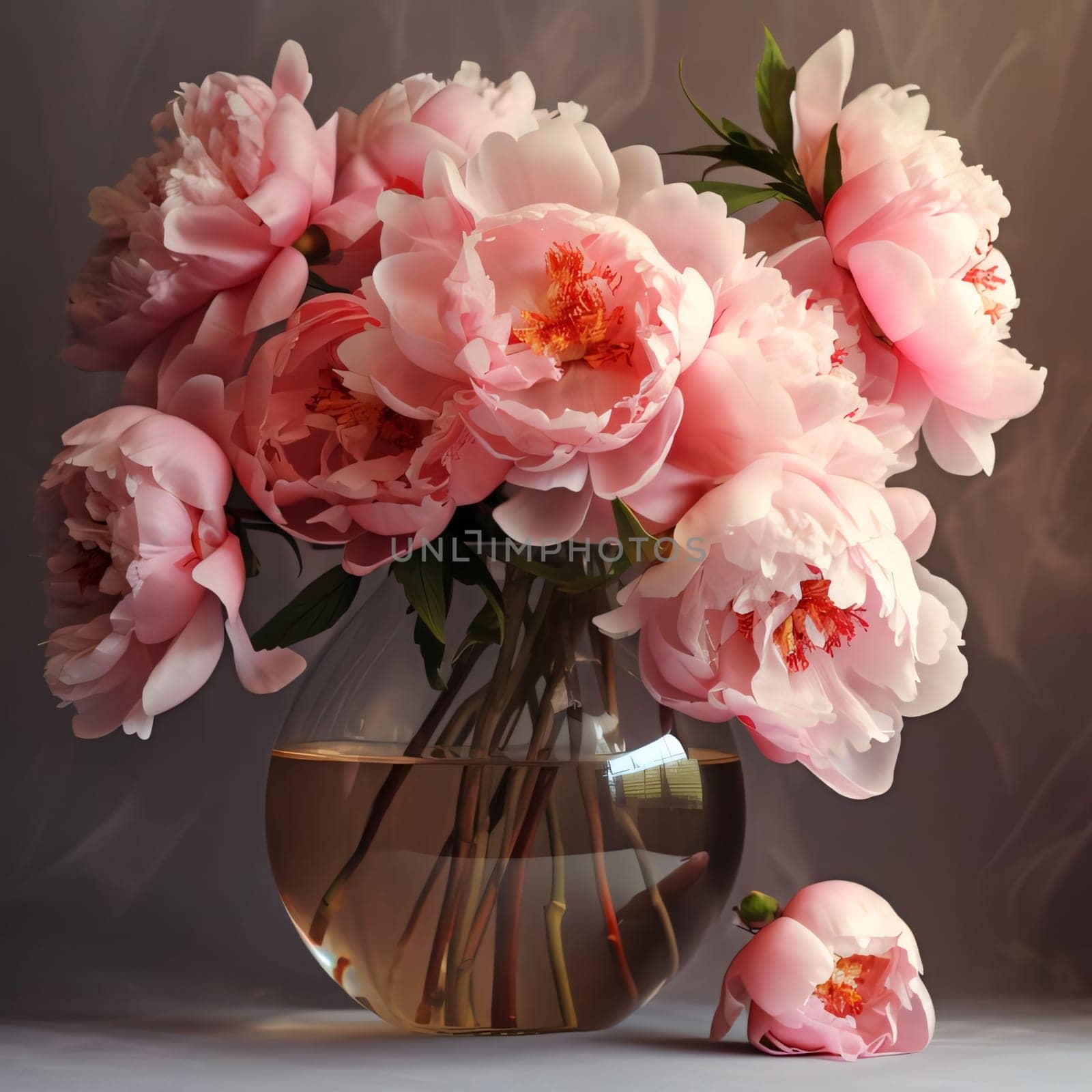 Bouquet of pink and white flowers in a transparent vase on a dark background. Flowering flowers, a symbol of spring, new life. by ThemesS