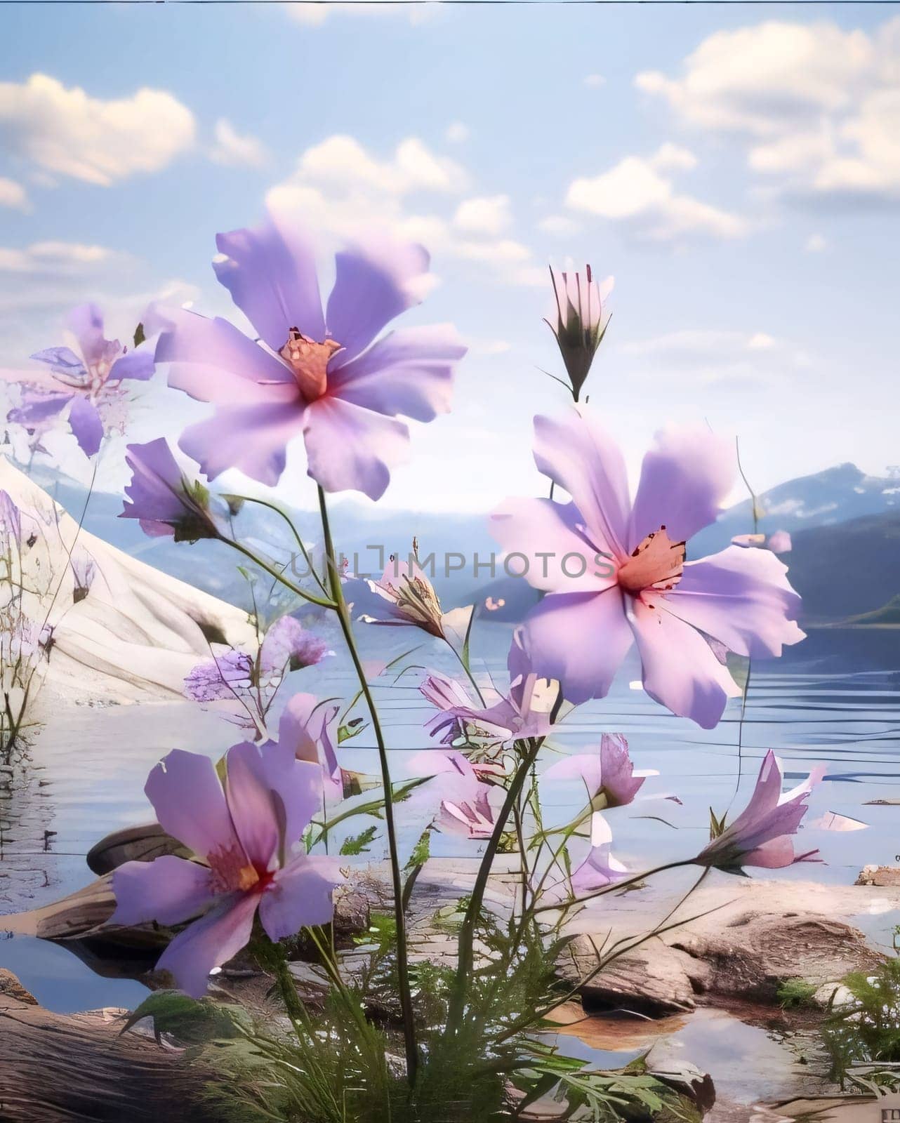 Pink flowers by the lake, with mountains in the background. Flowering flowers, a symbol of spring, new life. A joyful time of nature waking up to life.