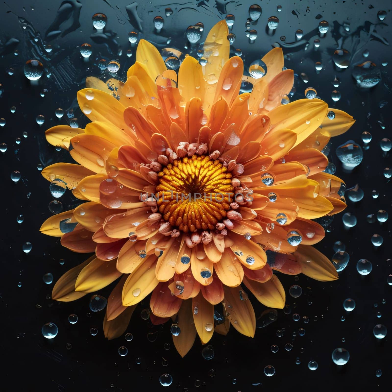 Top view of orange flower with raindrops, dew, water. Flowering flowers, a symbol of spring, new life. A joyful time of nature waking up to life.