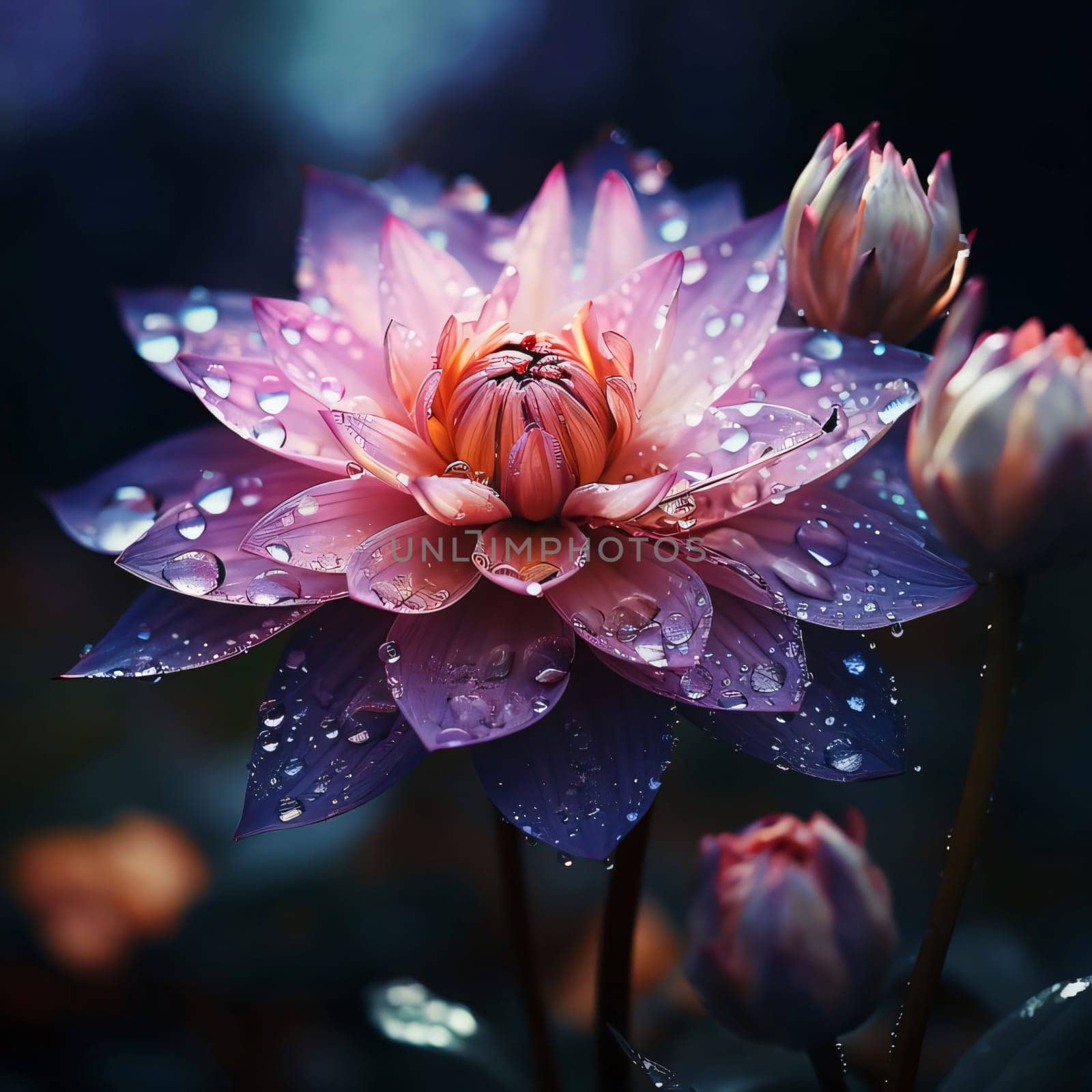 Purple water lily with drops of water, rain, dew on a dark background, flower buds. Flowering flowers, a symbol of spring, new life. by ThemesS